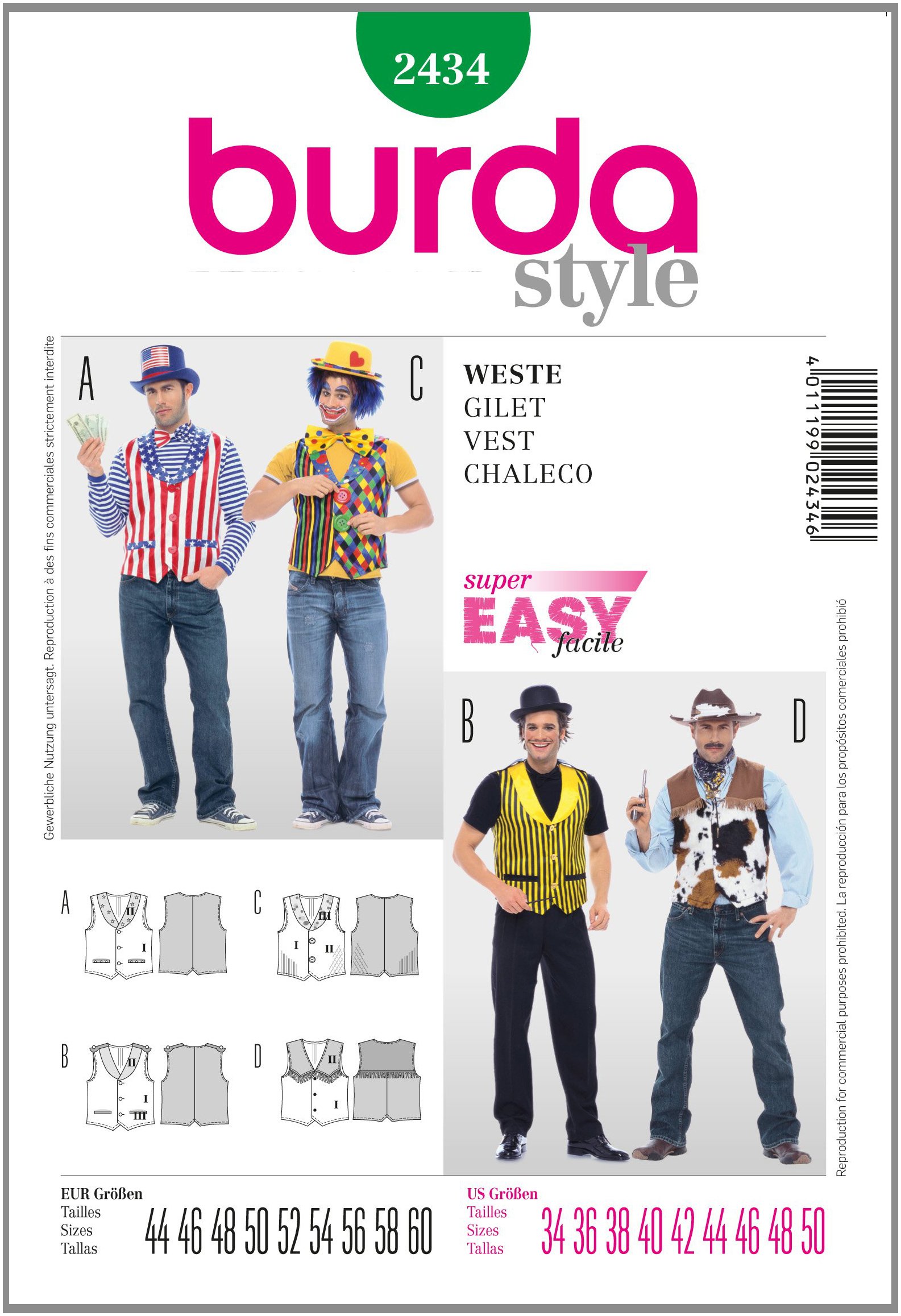 Burda B2434 Patron de Couture Gilet 19 x 13 cm, 44-60