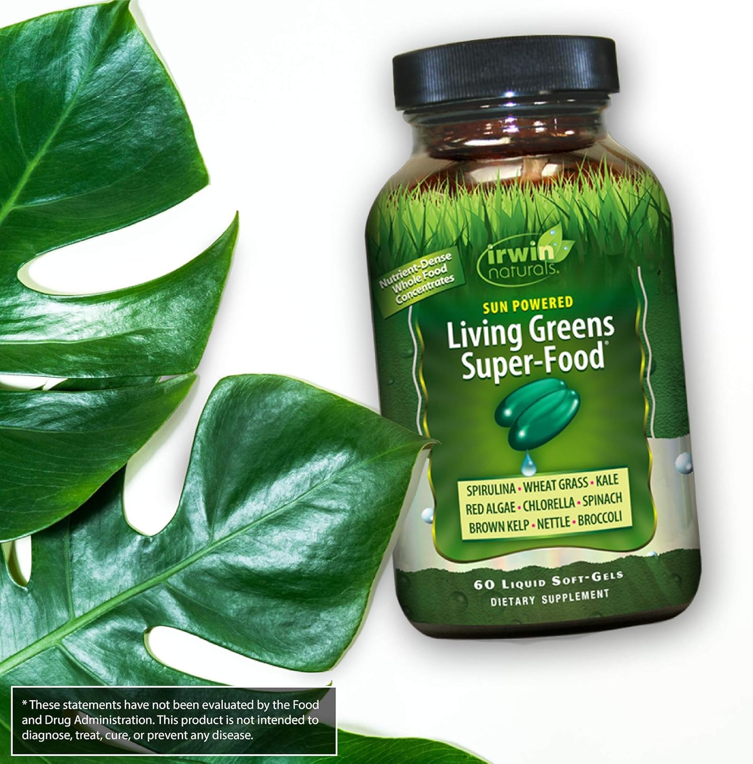 Irwin Naturals Sun Powered Living Greens Super-Food - Whole Food Concentrates with Spirulina, Wheat Grass, Chlorella, Digestive Enzymes & More - Energizing Nutritional Supplement - 60 Liquid Softgels : Health & Household