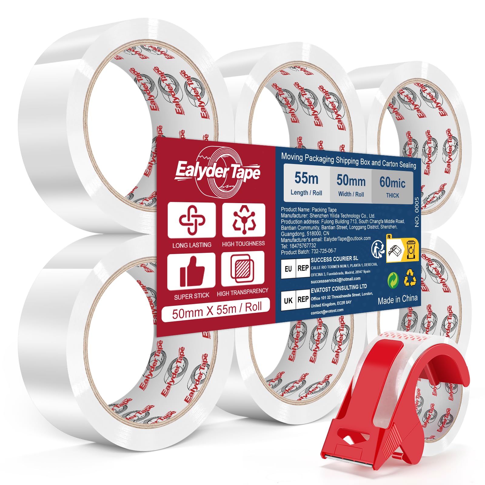 Ealyder Tape Transparent Box Sealing Tape 50 mm × 55 m x 48mic, 6 Rolls with Dispenser – Clear Heavy-Duty Parcel Tape for Secure Packaging