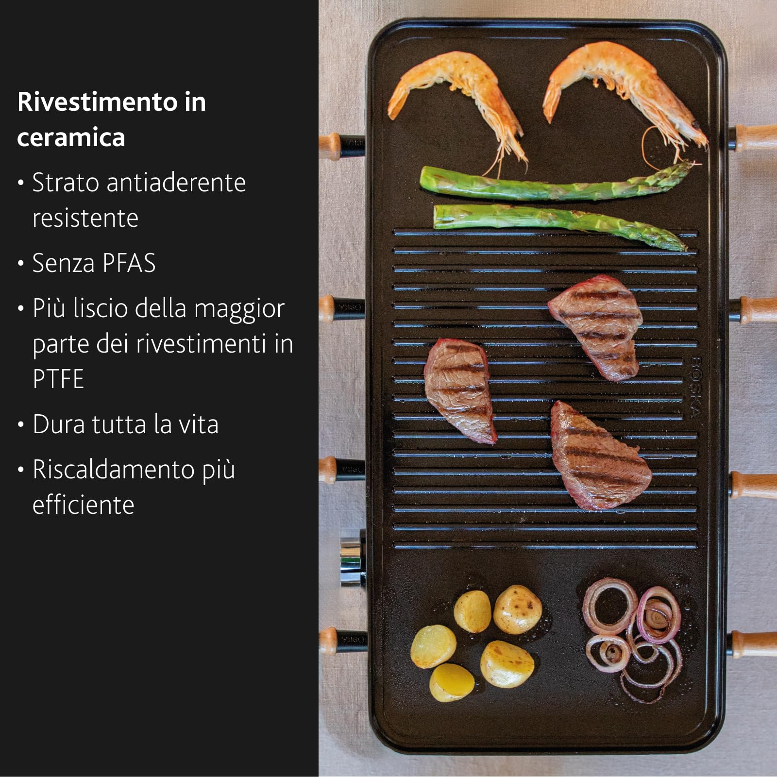 Boska Raclette Party – Griglia da tavolo per 8 persone – Senza PFAS – Piastra in ceramica – Manici in legno di faggio – Piastra in alluminio reversibile – Nero
