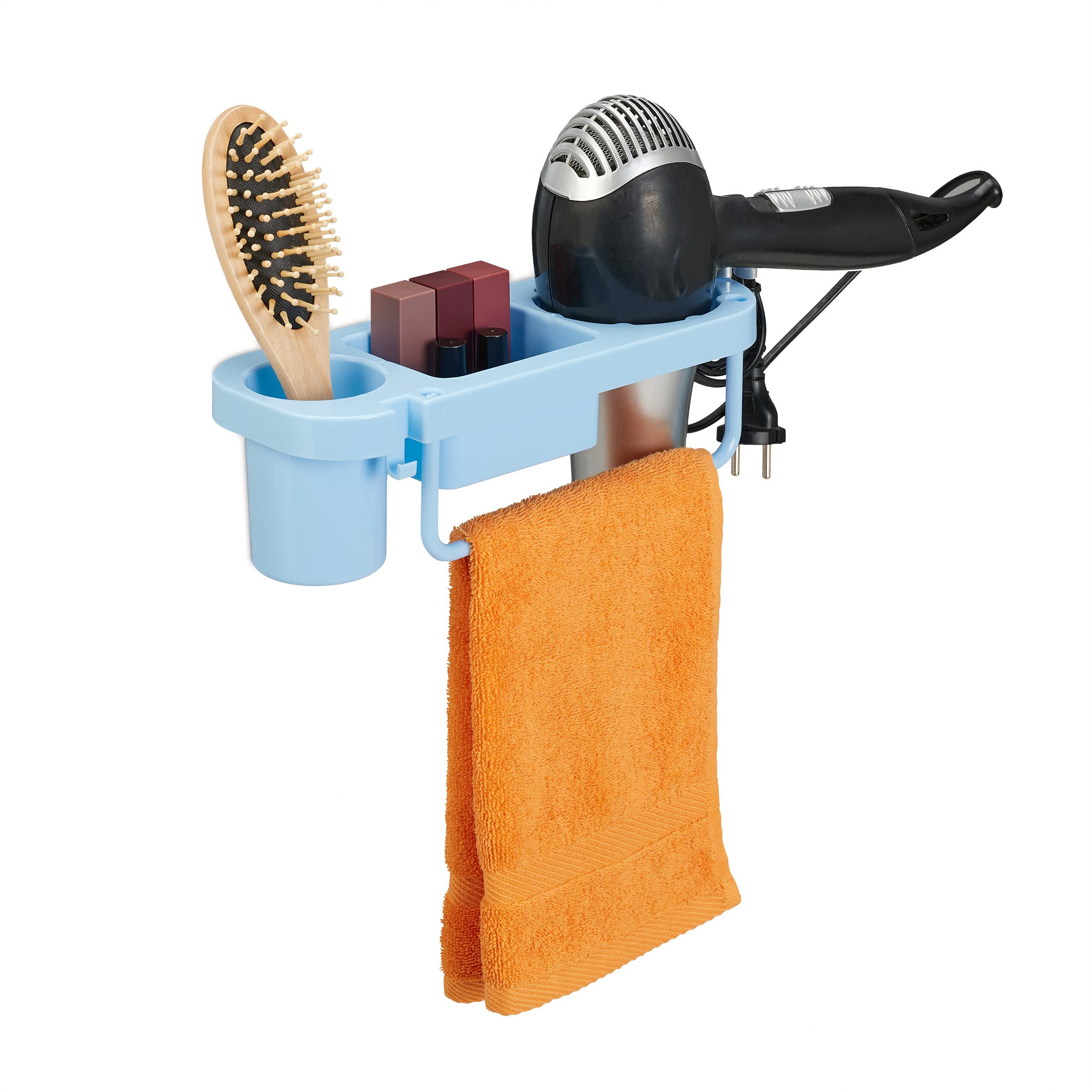 Relaxdays Hairdryer Without Drilling, Plastic, Cable Holder & Shelves, Wall, HxWxD 9x30x10,5 cm, Blue, 9x30x10.5 cm