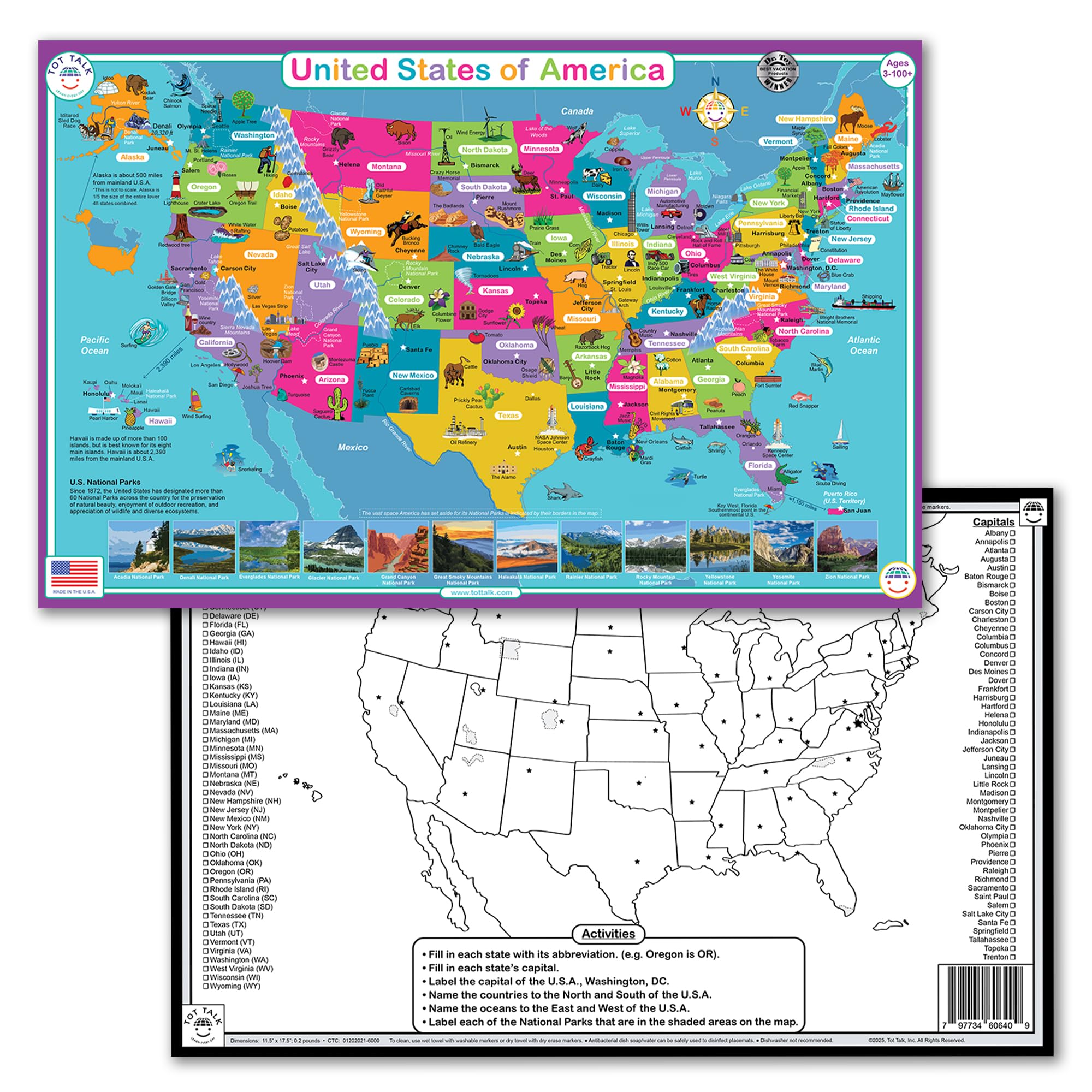 Tot Talk United States of America Placemat, Double-sided, Made in the USA