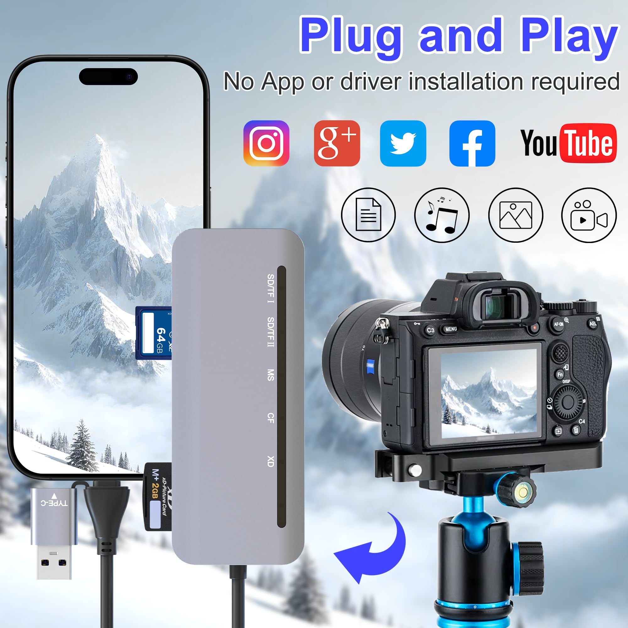 Memory Stick Pro Duo Lecteur de cartes 7 en 1 USB-C pour cartes SD/TF/CF/MS/XD, lecteur de carte SD pour iPhone