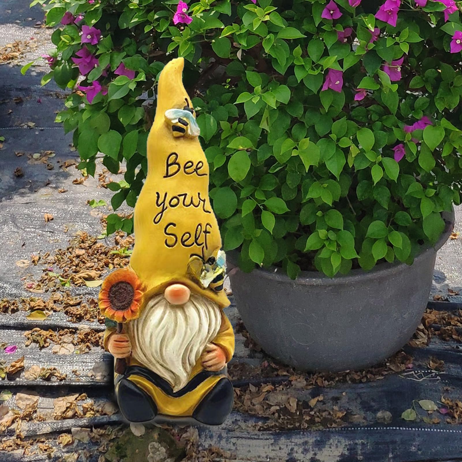 GNOME Elf Statua da giardino, in resina, nano da giardino con cappello, graziosa figura da giardino per aiuola, terrazzo e prato 14 * 9.5 * 24.5 cm (Girasole giallo)