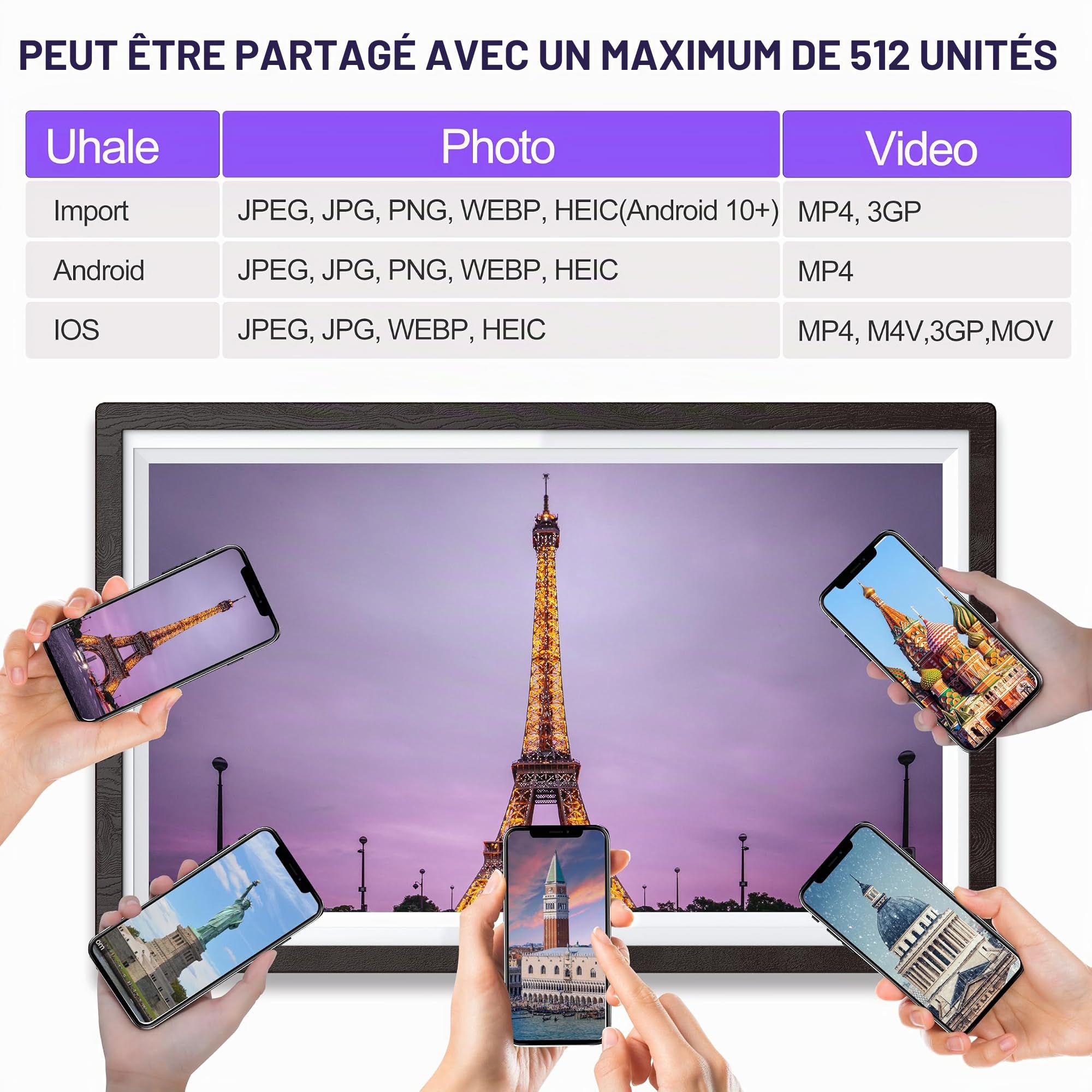 BYYBUO Cadre Photo Num¨¦Rique WiFi 15,6 Pouces, 1366 x 768 IPS ¨¦Cran Tactile Cadre Photo 32G Marron Noyer, Partager des Photos ou des vid¨¦os Via l'application Frameo