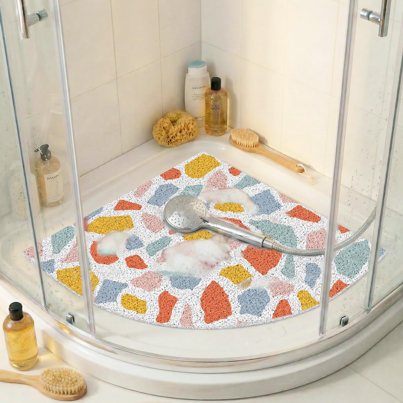 BLESWIN Corner PVC Loofah Shower Mat Quick Dry 71 x 71 CM Bright Terrazzo