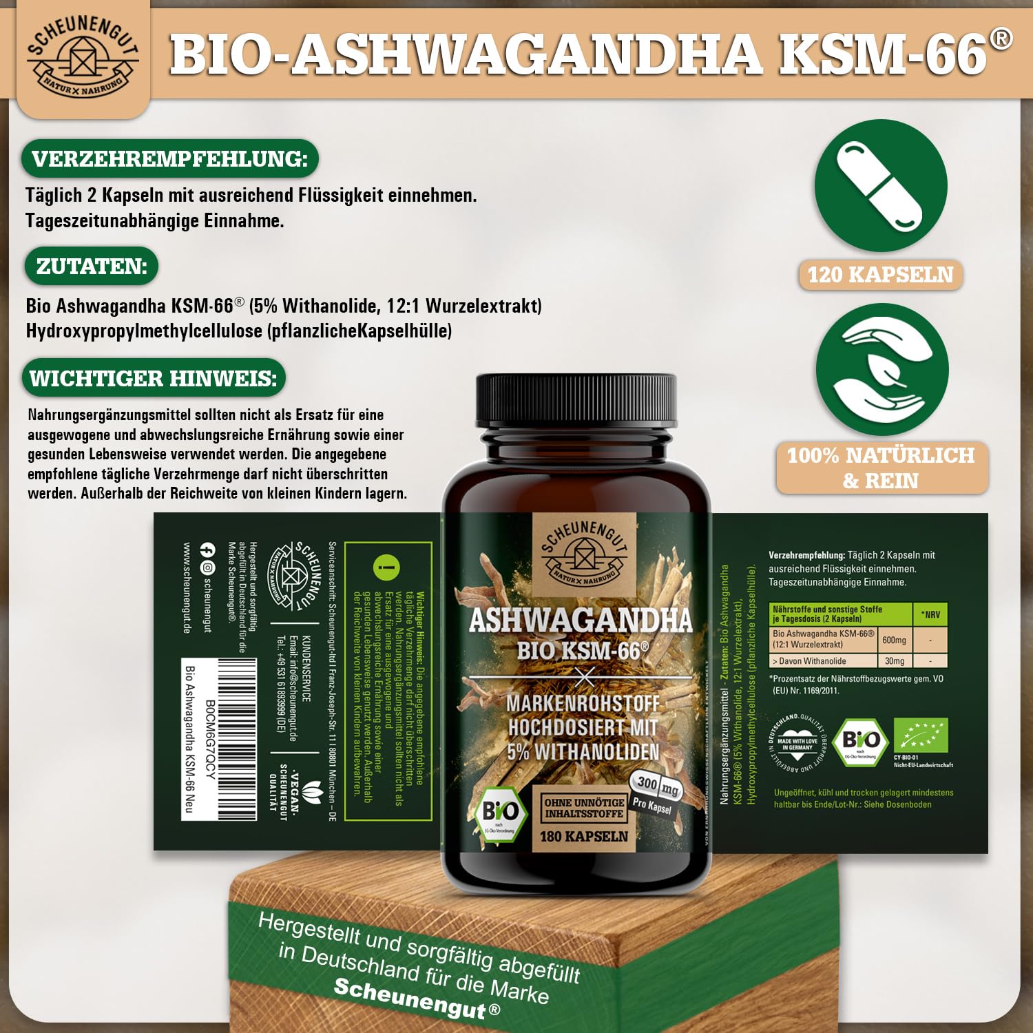 Ashwagandha KSM-66 BIO - 12:1 Extrakt (=3600mg reines Ashwagandha Wurzelpulver je Kapsel) MIT 5% Withanoliden -Ashwagandha Kapseln Hochdosiert- DE SCHEUNENGUT®