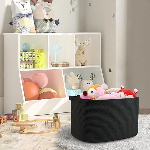 Miniatura 8 de Extra Large Rectangle Storage Basket, 23.6" x 17" x 12" Black Blanket Basket Storage for Living Room, Large Soft Woven Cotton Rope Basket, Kids Toy