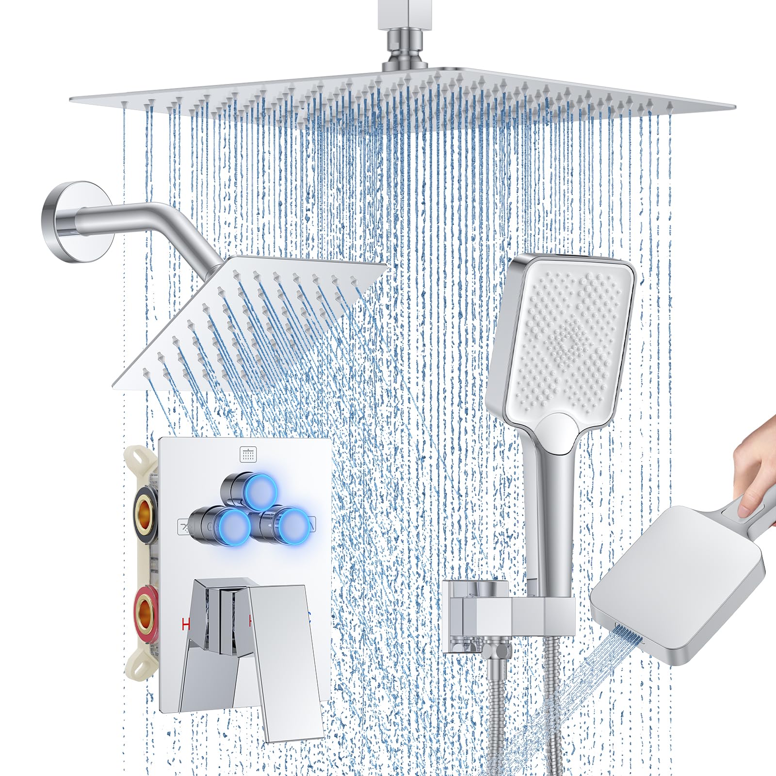 Shower Faucet Set, 12" Ceiling Mount Rainfall Shower System with 2 Rain Shower Head and Multi-function Handheld Head Push Button Diverter Shower Faucet Trim Kit (12", Polished Chrome)