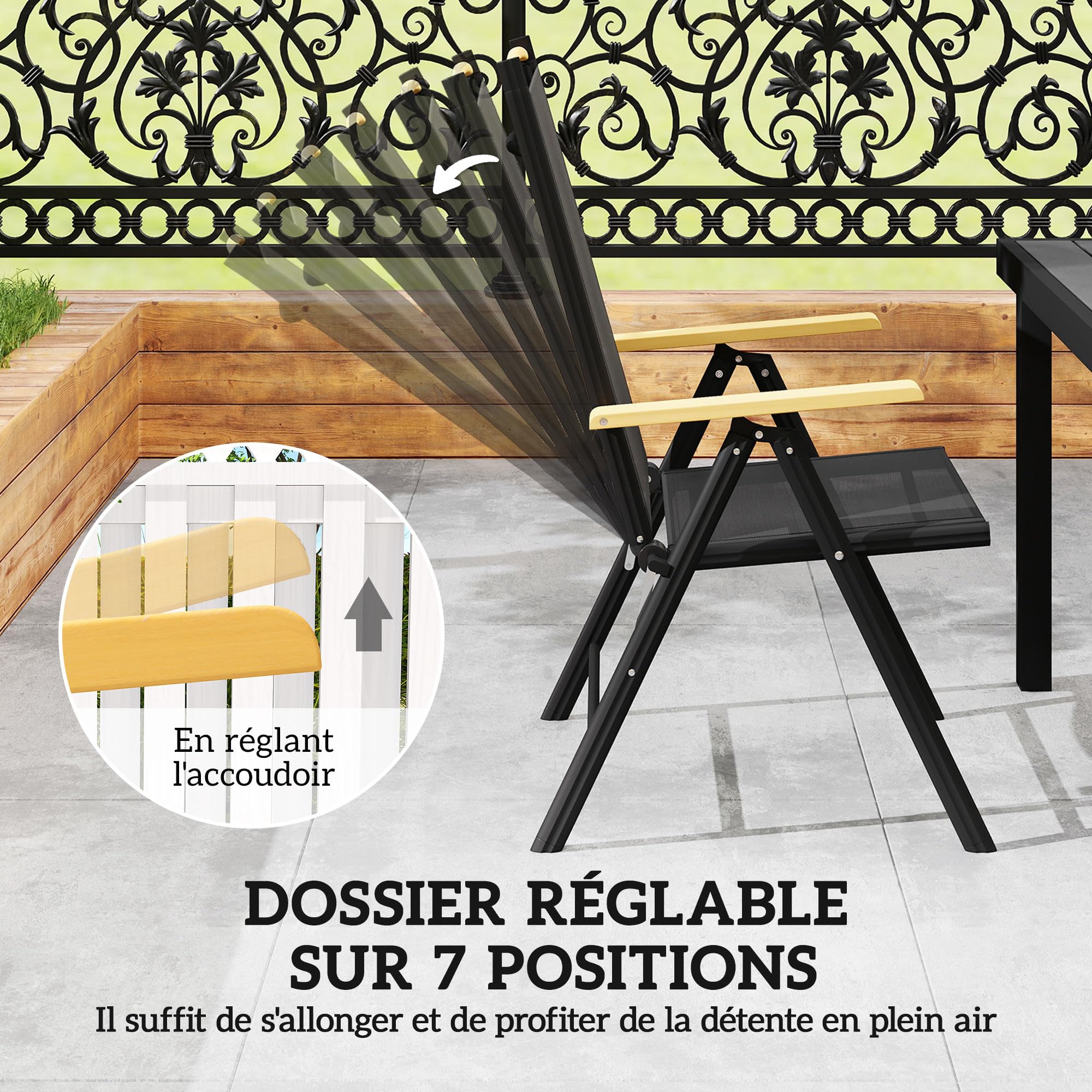Outsunny Salon de Jardin extérieur 6 Personnes, Table de Jardin extérieure avec 6 chaises, Cadre en Aluminium, chaises Pliables et inclinables, mobilier de terrasse, Patio, Noir