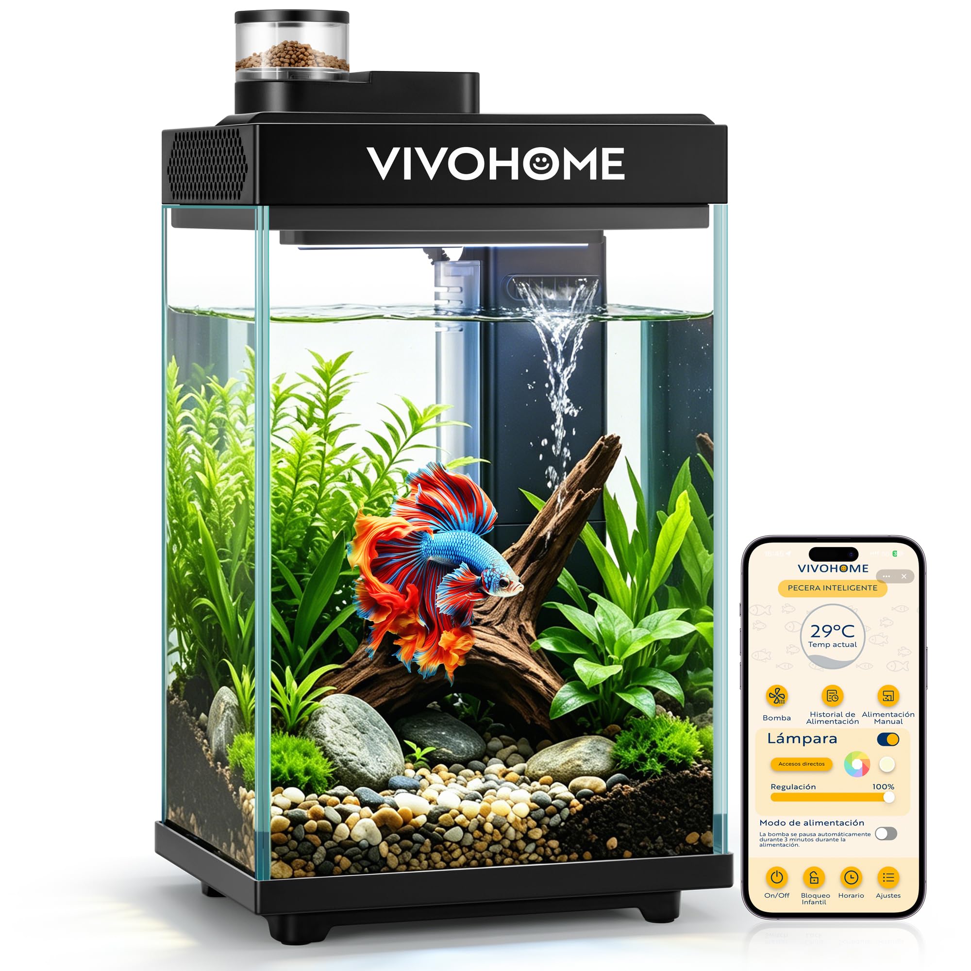 VIVOHOME 9,5L Acuario de Cristal Inteligente Vidrio con Alimentador Auto