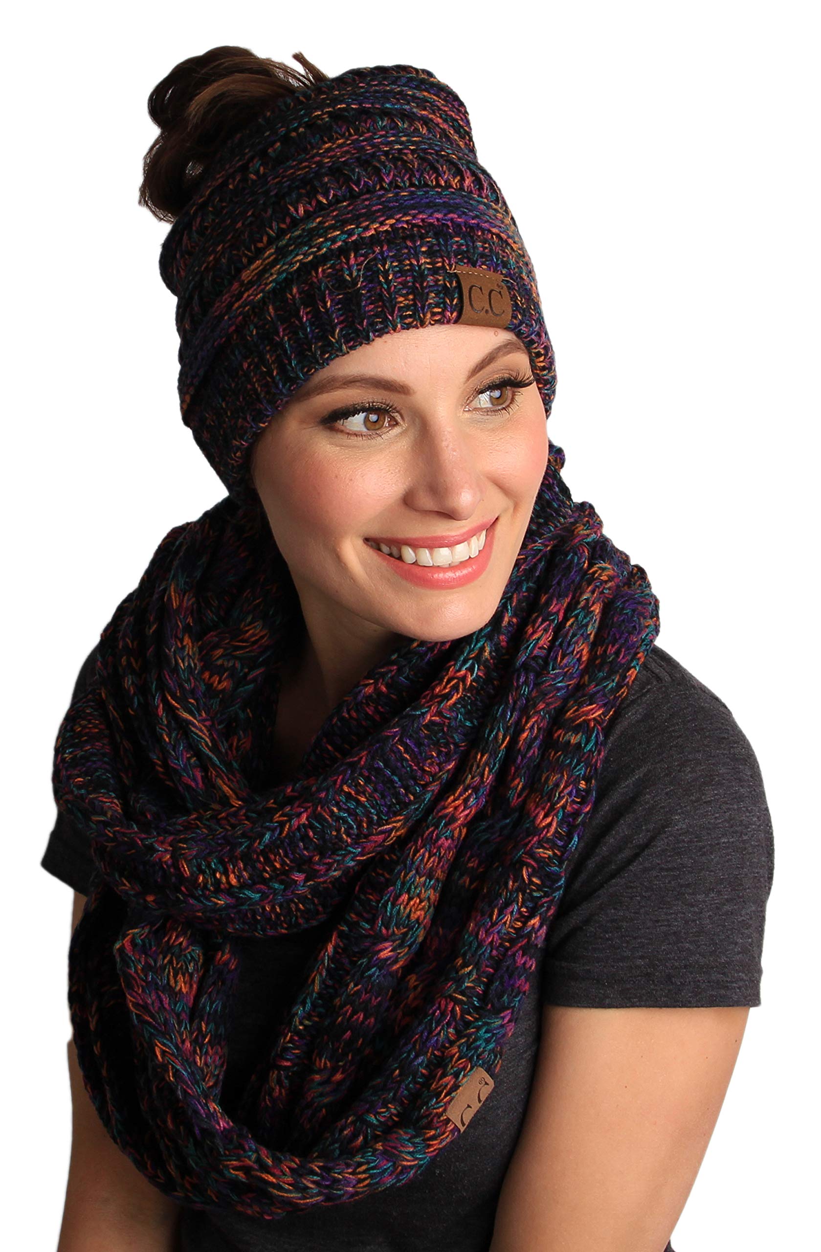 Funky Junque Womens Infinity Scarf and Messy Bun Beanie Tail Matching Winter Set