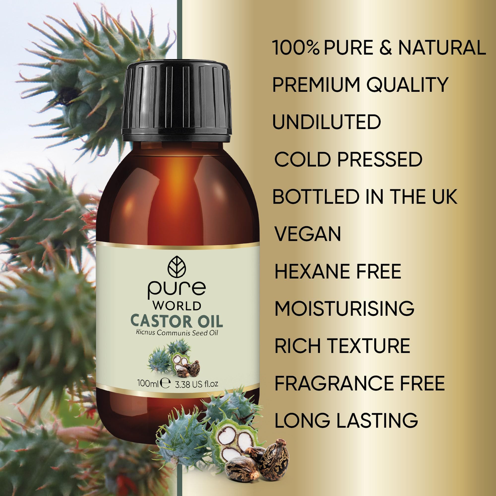Pure World Natural Castor Oil 100ml. Cold & Freshly Pressed 100% Pure and Undiluted Hexane Free for Eyebrows, Nails, Beard, Hair, Eyelash Growth Cruelty Free Food Grade — view 5