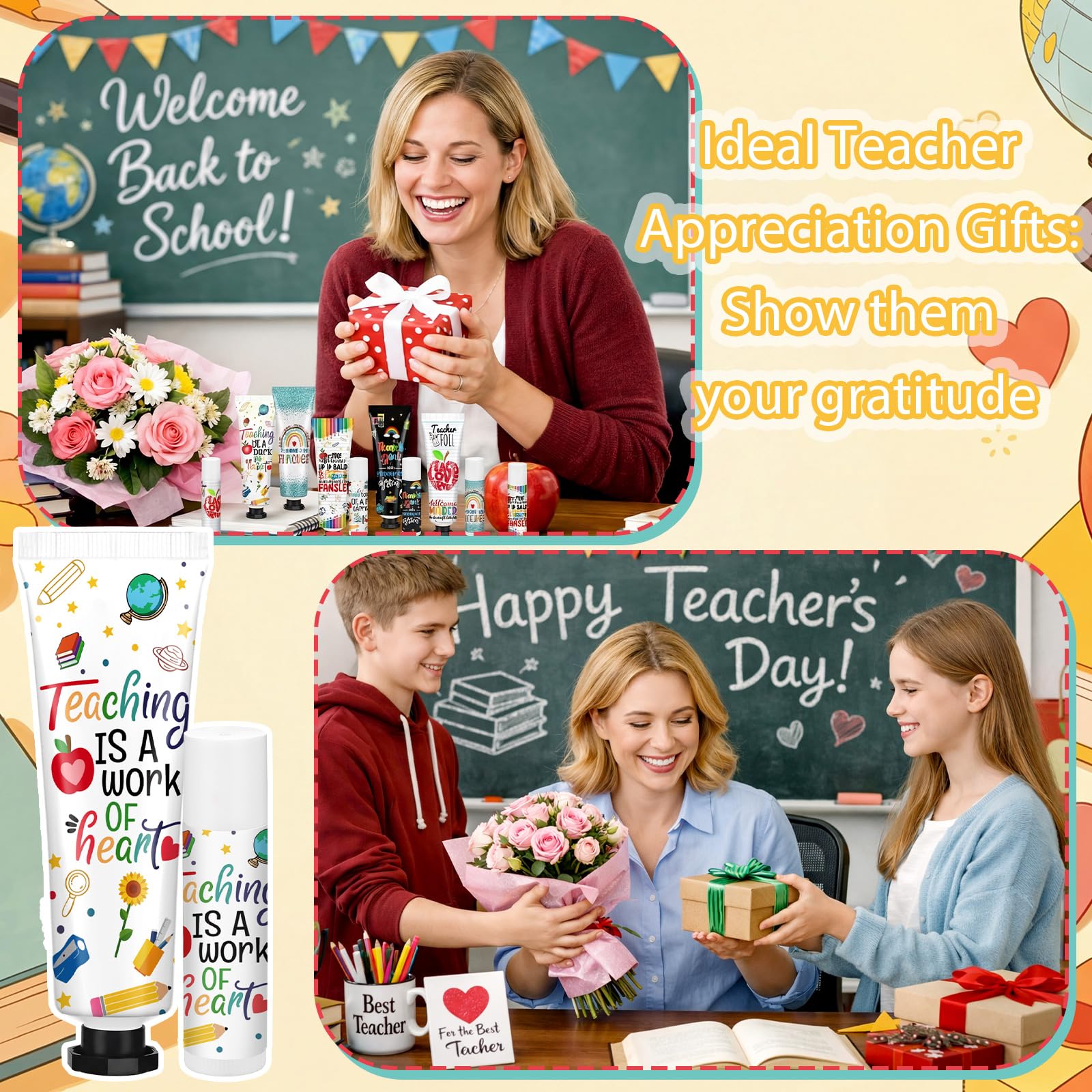 Loopeer 10 Sets/ 20 Pcs Teacher Appreciation Gifts Bulk 5 Style Travel Size Lip Balm and Hand Cream End of Year Gift Sets for Teacher Staff Team Woman Man Office Supplies Back to School Party Favors