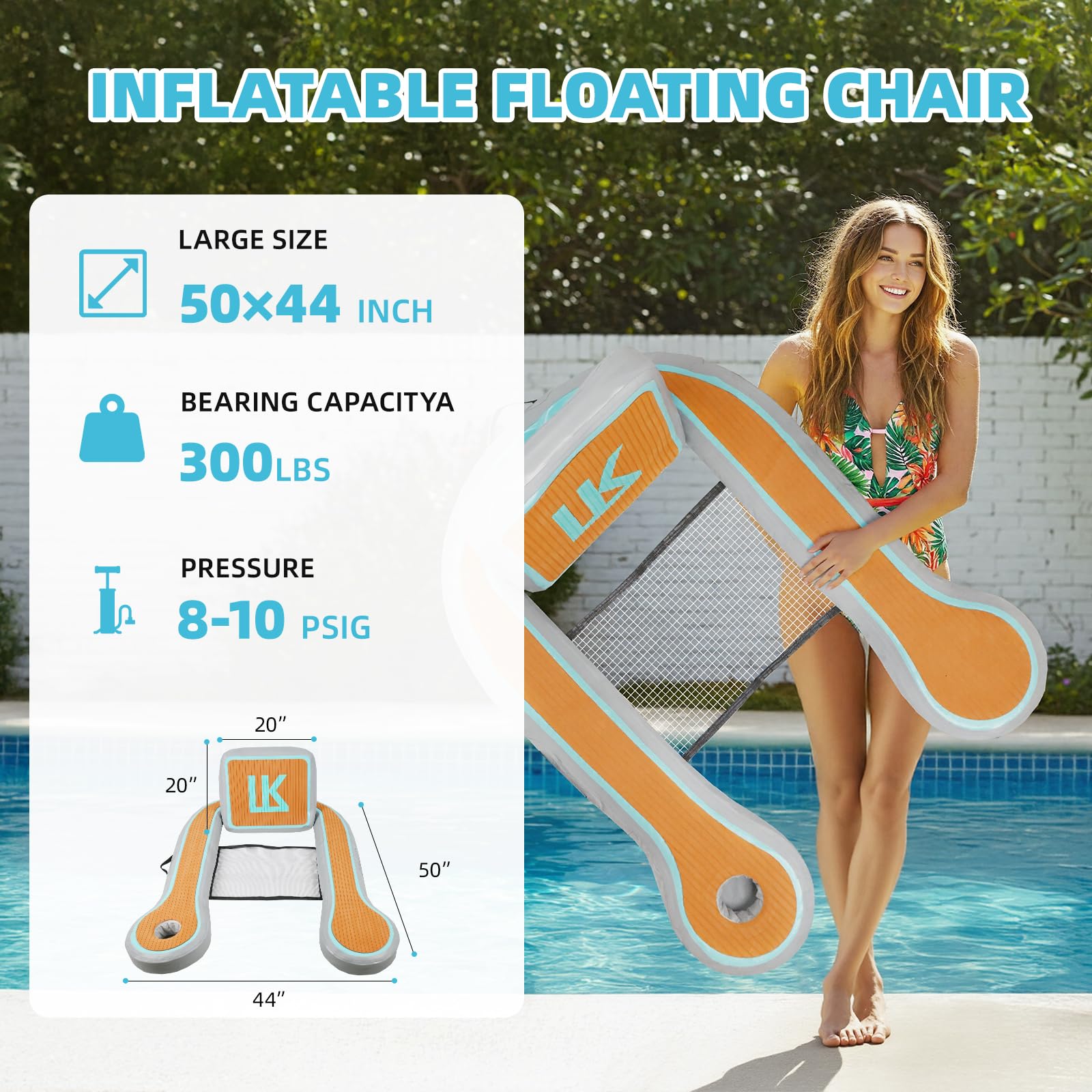 Flotador inflable de piscina de 50 x 44 pulgadas para adultos con soporte para tazas, silla flotante de 4.17 pies, flotadores de lago para adultos con respaldo de reposabrazos para piscina