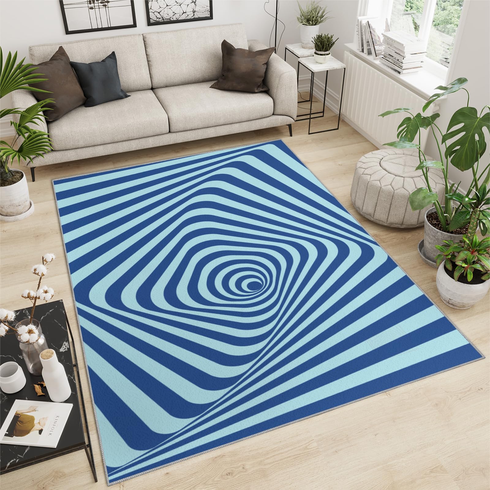 Tapis moderne bleu 80 x 220 cm à lignes courbes pour bureau et café