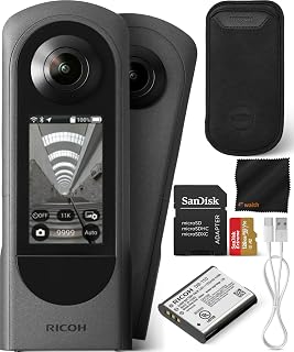 RICOH Theta X 360° Camera – 5.7K Video & Dual 48MP Sensor for Immersive Content Creation with 128GB Extreme UHS-I microSDXC Memory Card and SD Adapter, Waith Cleaning Cloth Bundle Set