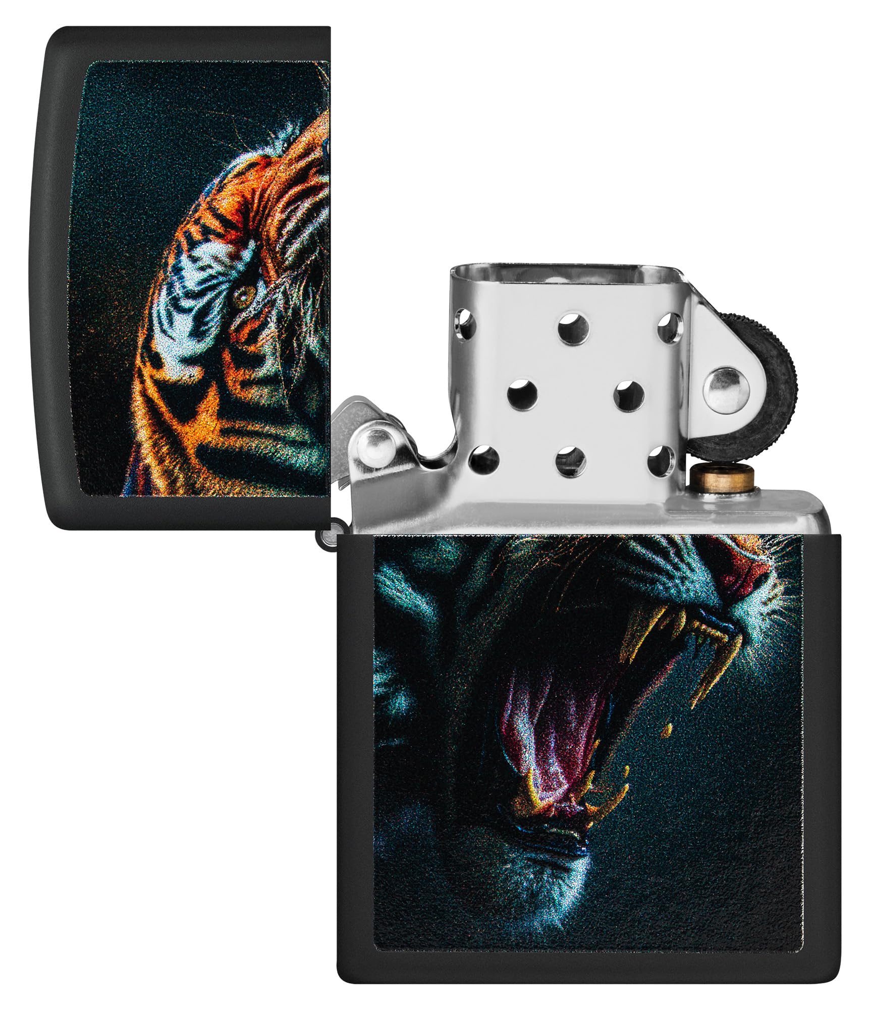 Zippo - Briquet tempête, Motif Tigre féroce, Noir Mat, Impression colorée Color Image, Rechargeable, réutilisable, Coupe-Vent, boîte Cadeau, fabriqué aux États-Unis