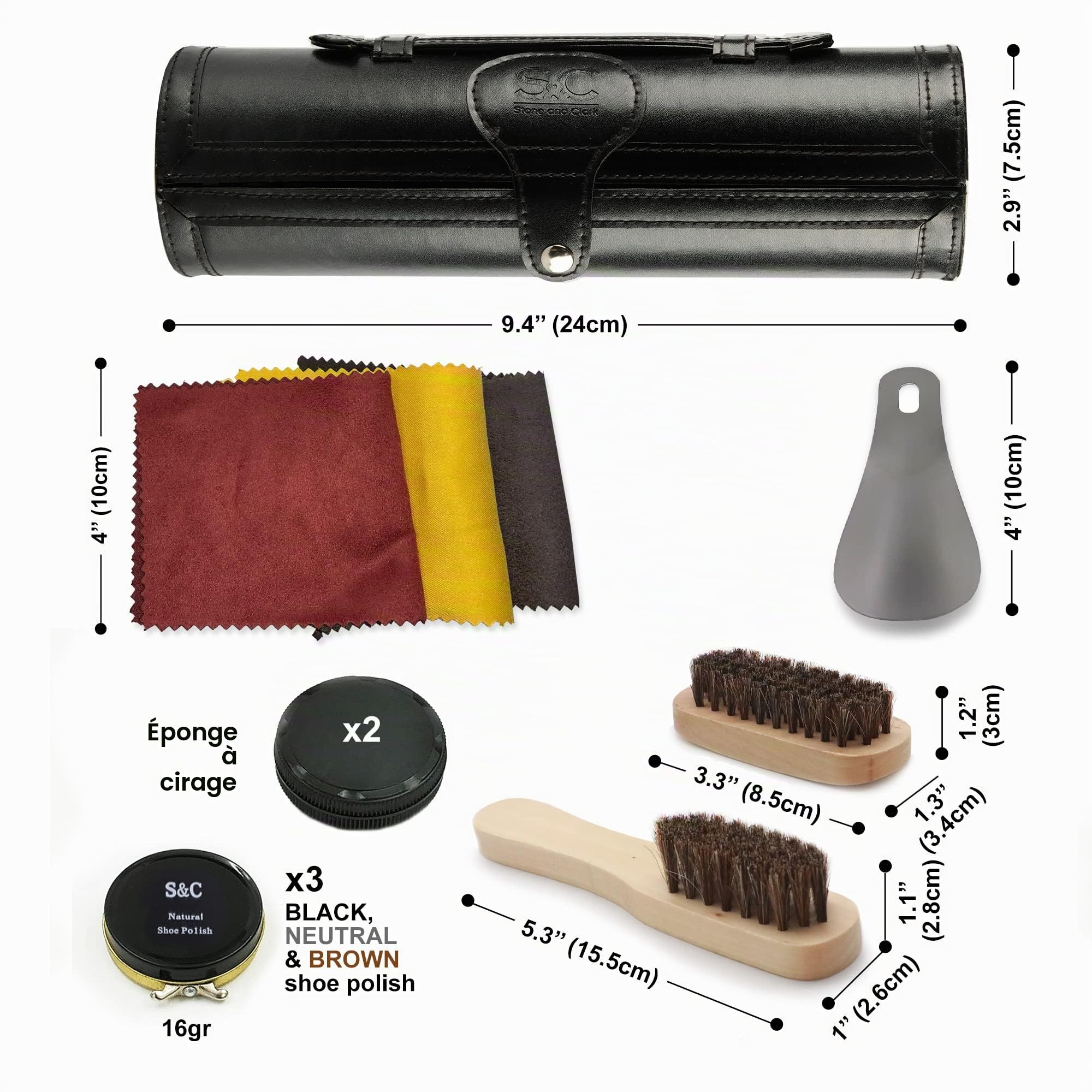 Stone & Clark Kit de cirage et d'entretien 12 pièces pour cuir avec cire marron, brosses à chaussures pour polissage