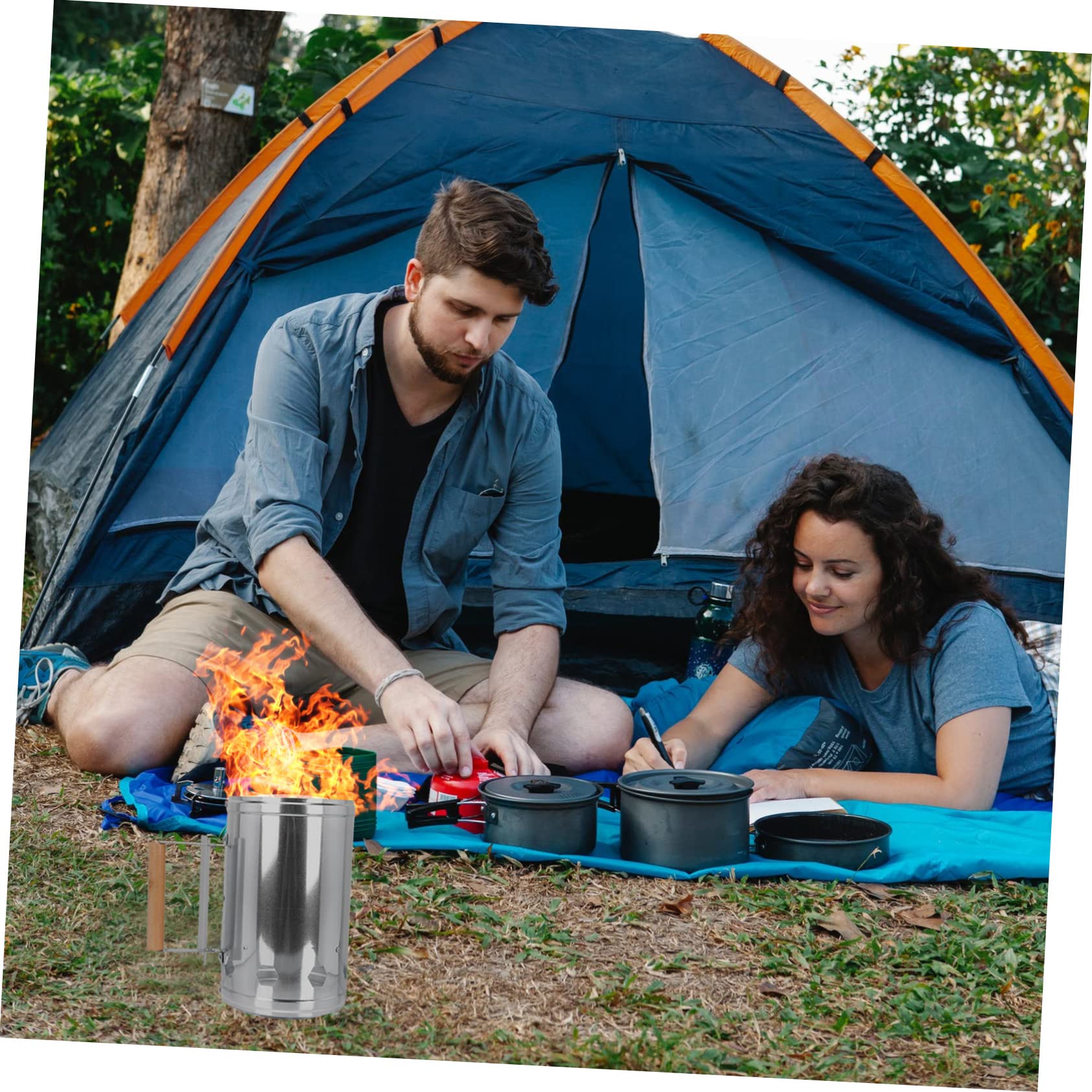 Ciminiera Starter Barbecue, Accenditore Rapido per Carbone | Secchio Accensione Fuoco, Alluminio Argento Base Ampia e Schermo Termico, per Viaggi e Grigliate