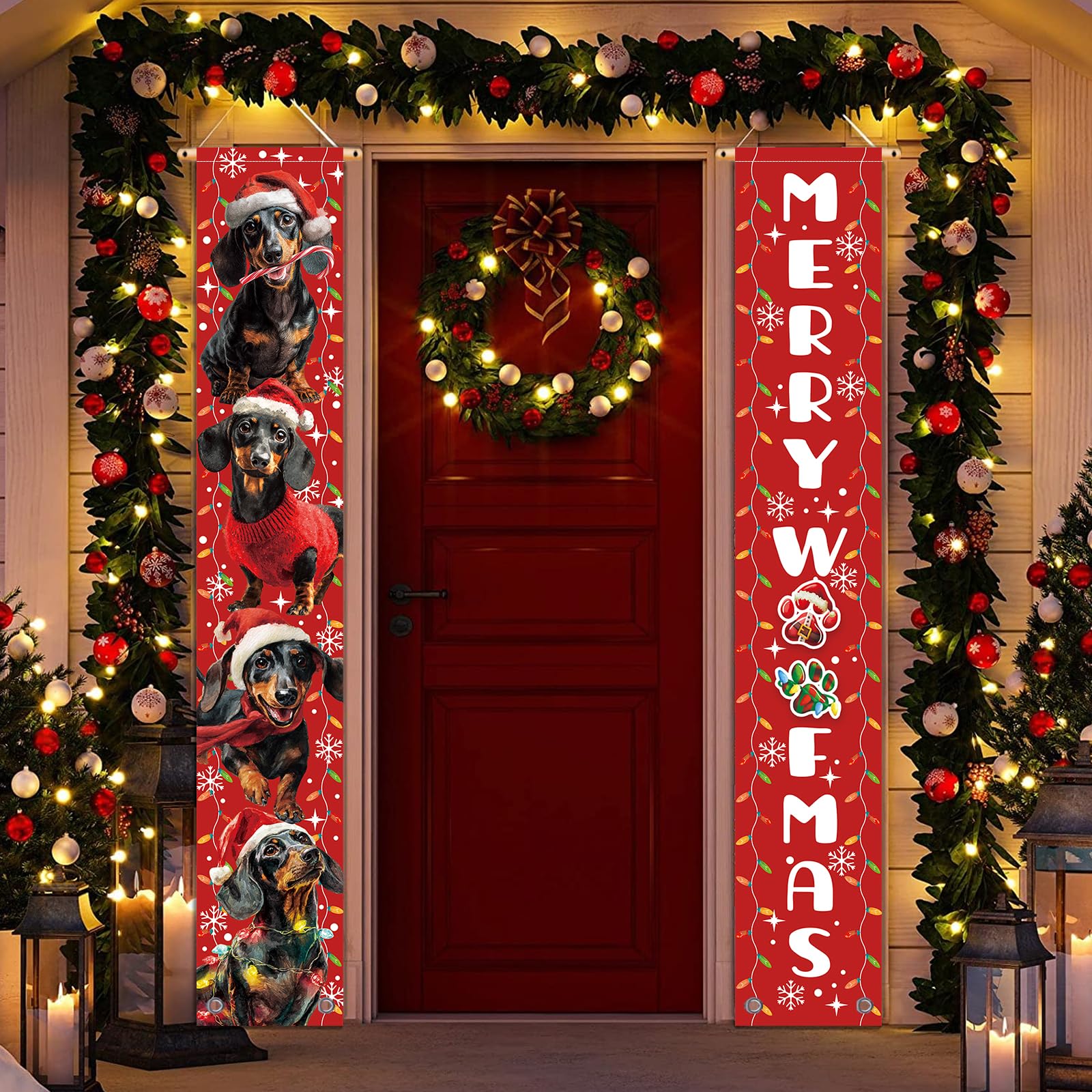Christmas Dog Door Banner - Dachshund Decorations for Outdoor, Christmas Welcome Hanging Flag Xmas Porch Sign Decorations for Outside Yard Party Decor 12x71 Inch