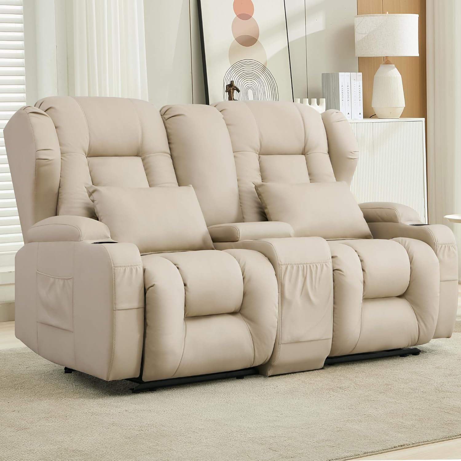 DRMBOOK RV Loveseat Recliner Sofa, Double Wall Hugger Reclining Couches, Manual Reclinable Movie Seating 2 Person Recliner for Travel Trailer (Leathaire Beige, 2 Seater with Standard Console)