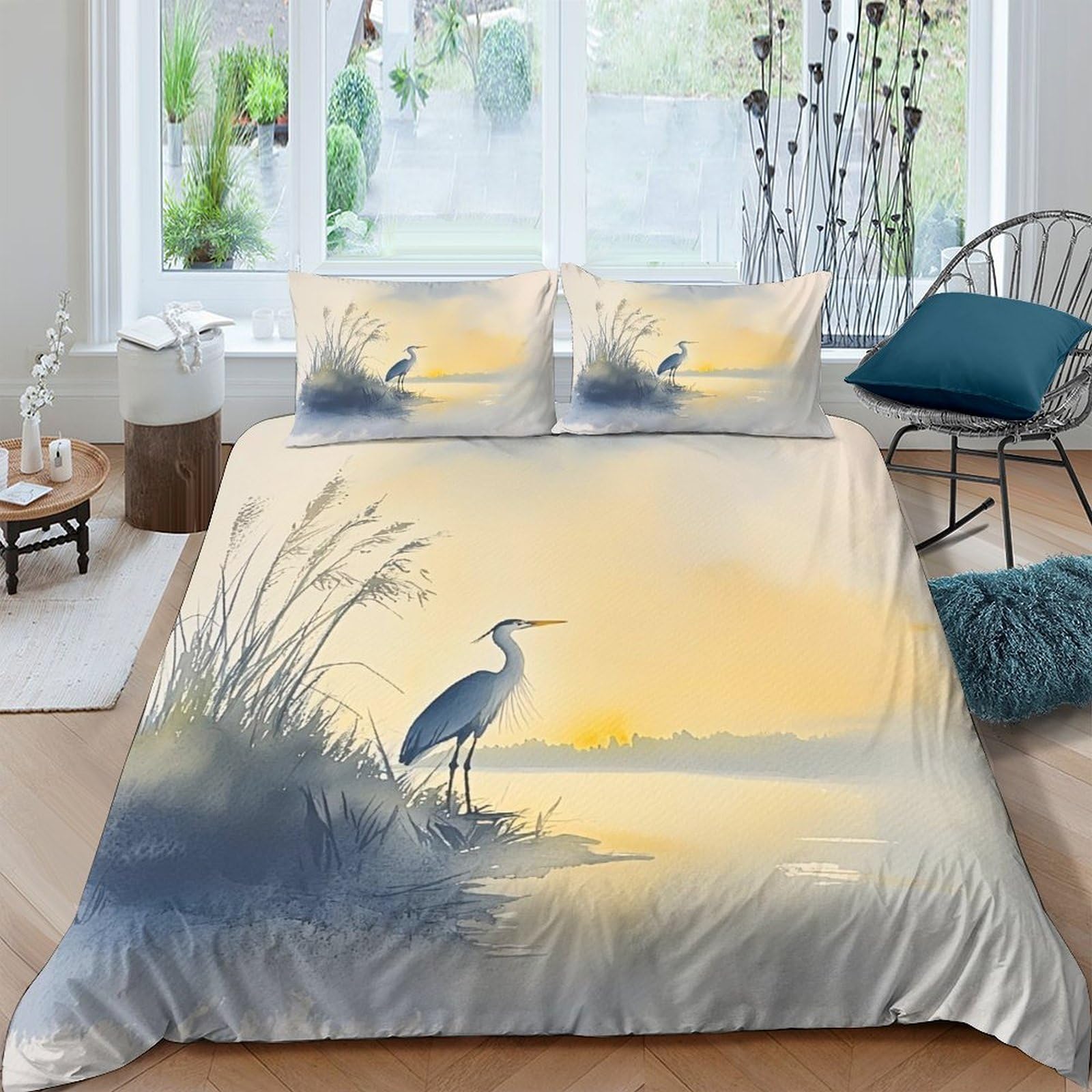 Ctjqhvkz Style-1 3D Printed Blue Heron Sunrise Fitted Sheet Microfiber Soft Bed Cover Nature Watercolor Mattress Protector For Bedroom Guest Room Single（135X200cm）