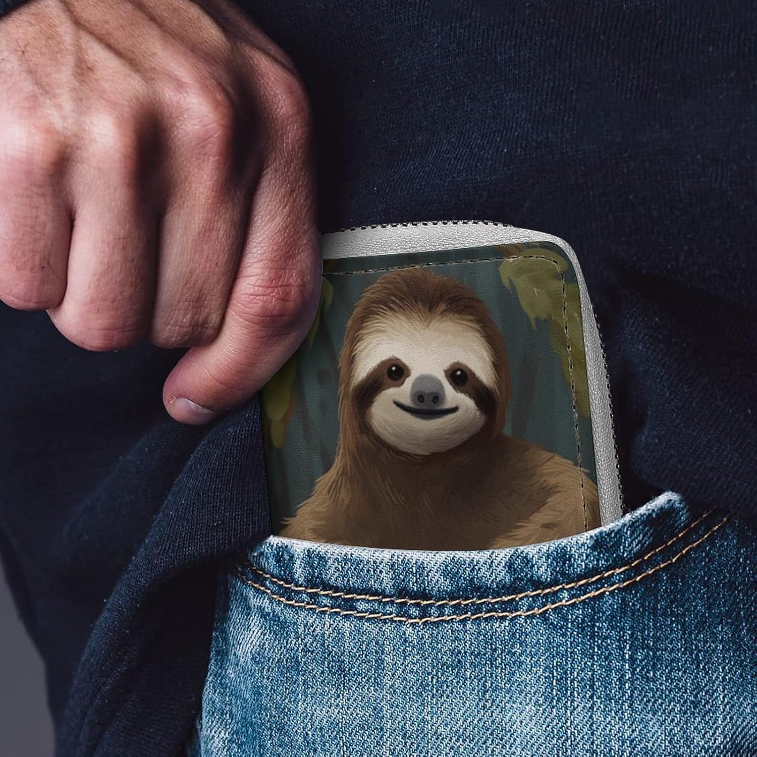Leather Card Organizer Case Card Wallet Credit Card Holder Sloth Printed Zipper Card Cases Holder for Women Men