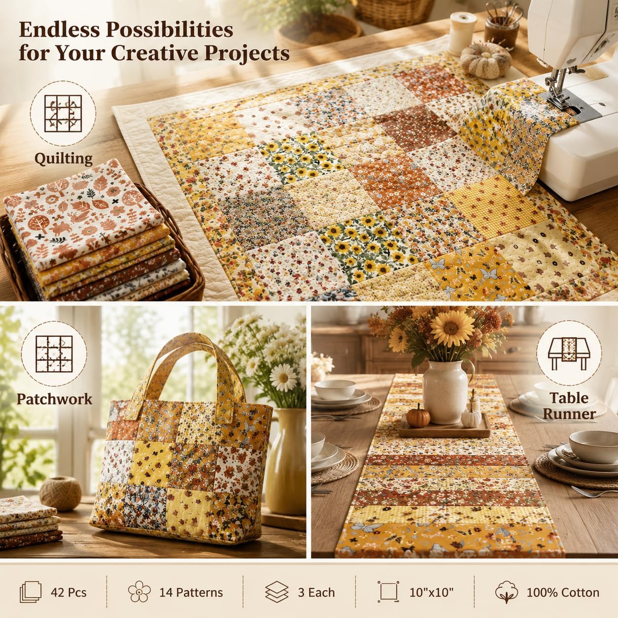 42 Pcs Autumn Quilting Fabric Squares, 10x10 Inch Cotton Precut Squares image 4