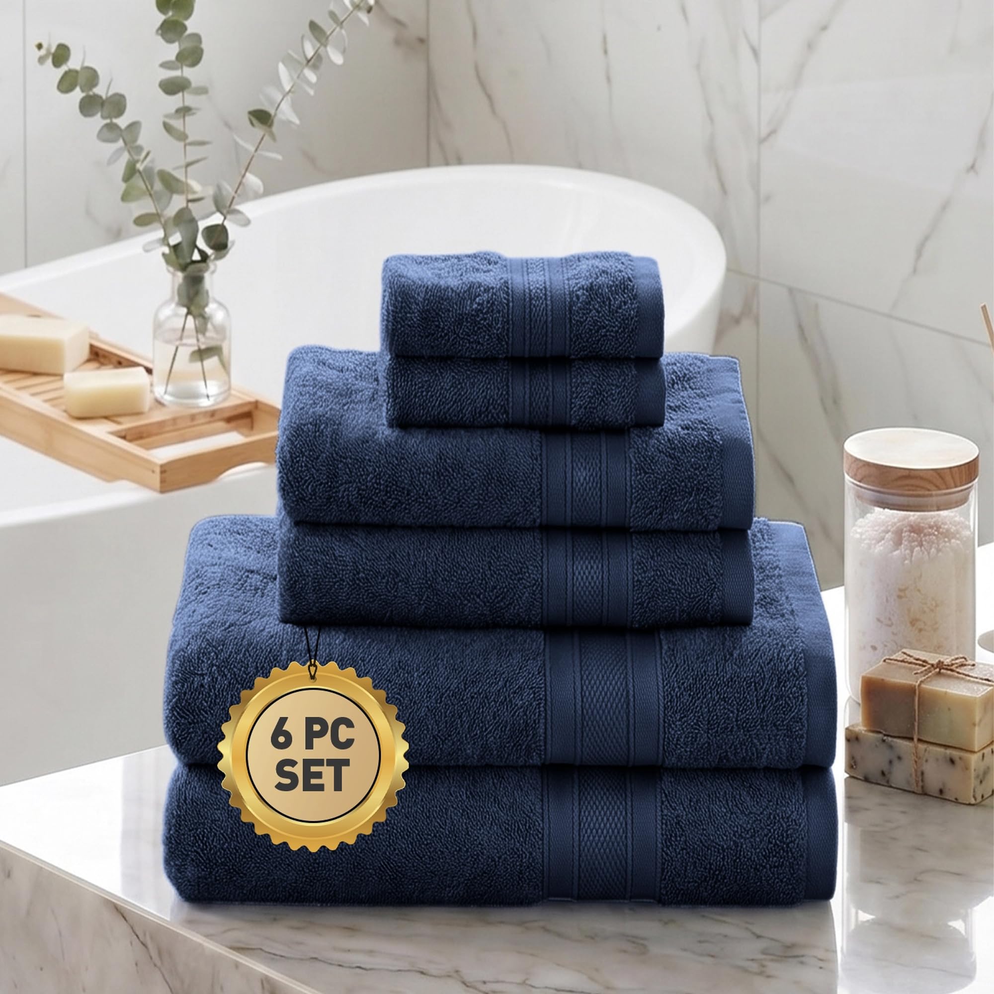 TRIDENT Soft Comfort Air Rich Towels for Bath, 100% Cotton Towel, Super Soft, Highly Absorbent, 6 Pieces Towel Set, 500 GSM - Navy