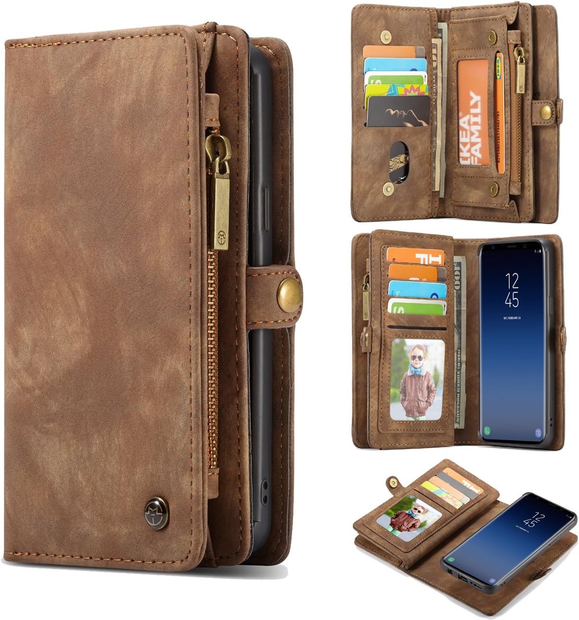 Galaxy S9 Case,AKHVRS Handmade Premium Cowhide Leather Wallet Case,Zipper Wallet Case [Magnetic Closure]Detachable Magnetic Case & Card Slots for Samsung Galaxy S9 - Brown