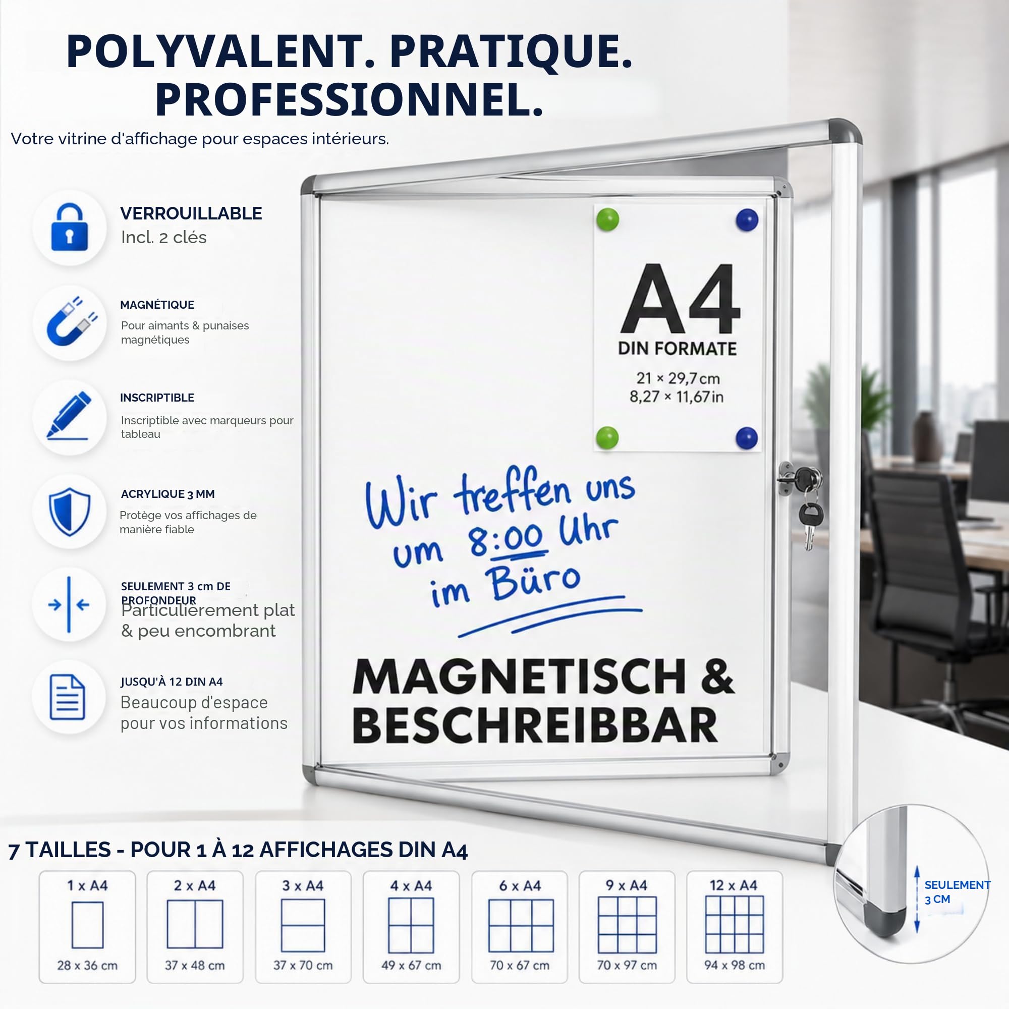 OfficeMarshal Vitrine 1 x A4 avec 2 aimants - Panneau arrière magnétique et inscriptible - Avec cadre en aluminium