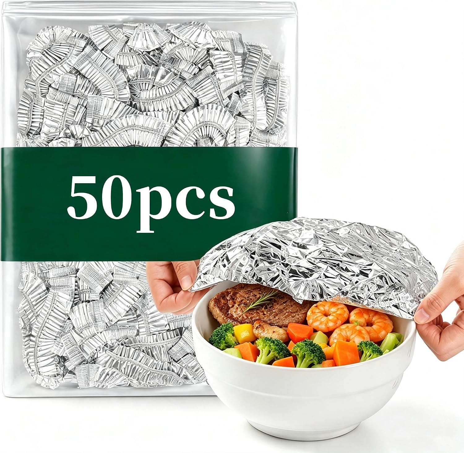 50 Pack Reusable Aluminum Foil Food Covers with Elastic Edge