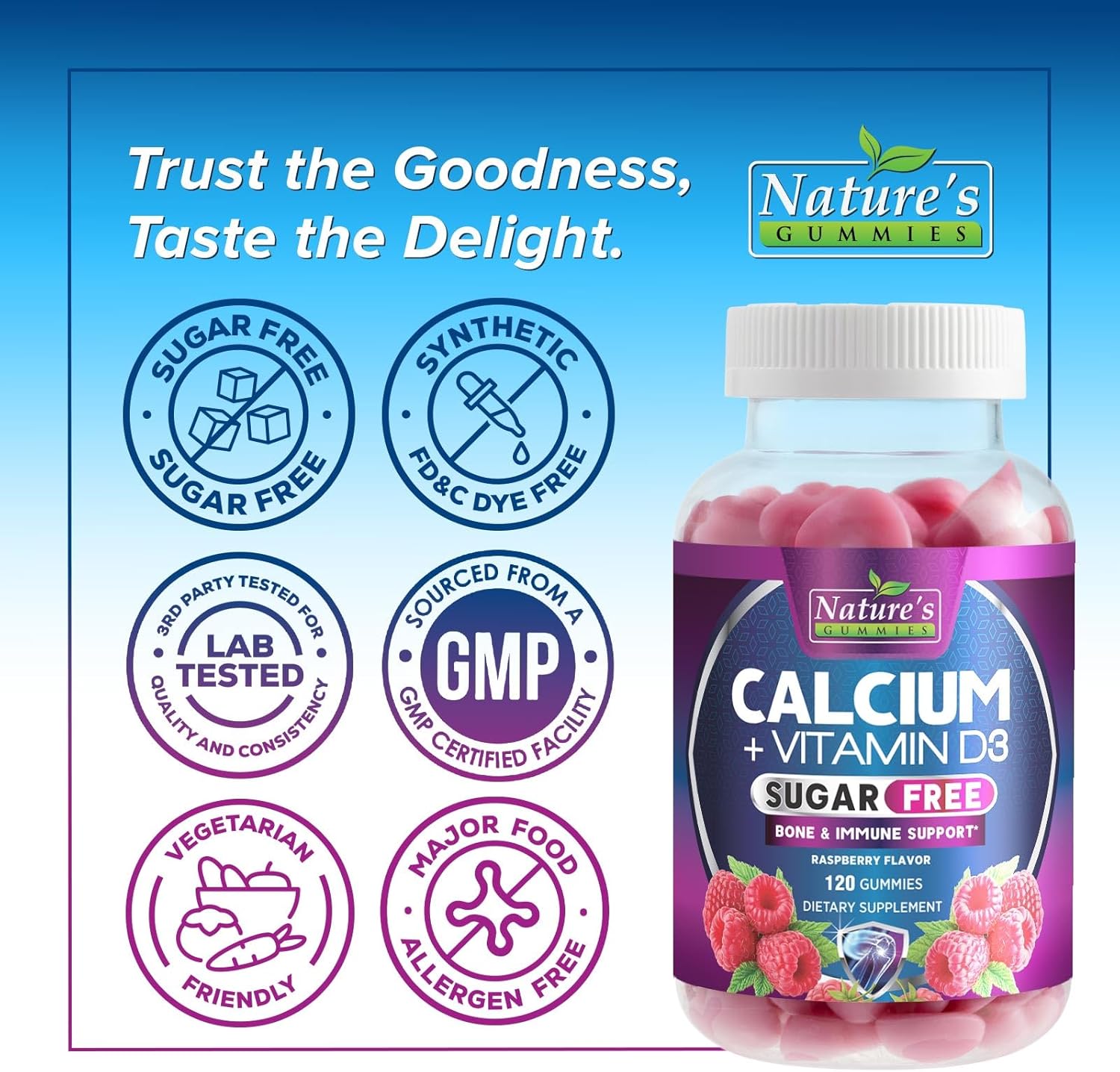 Calcium Supplement Gummies - Sugar Free Calcium Gummy with Vitamin D3 for Best Absorption - Supports Immune Health, Bones & Teeth - Nature's Calcium Chews for Women & Men - Berry Flavor - 120 Gummies
