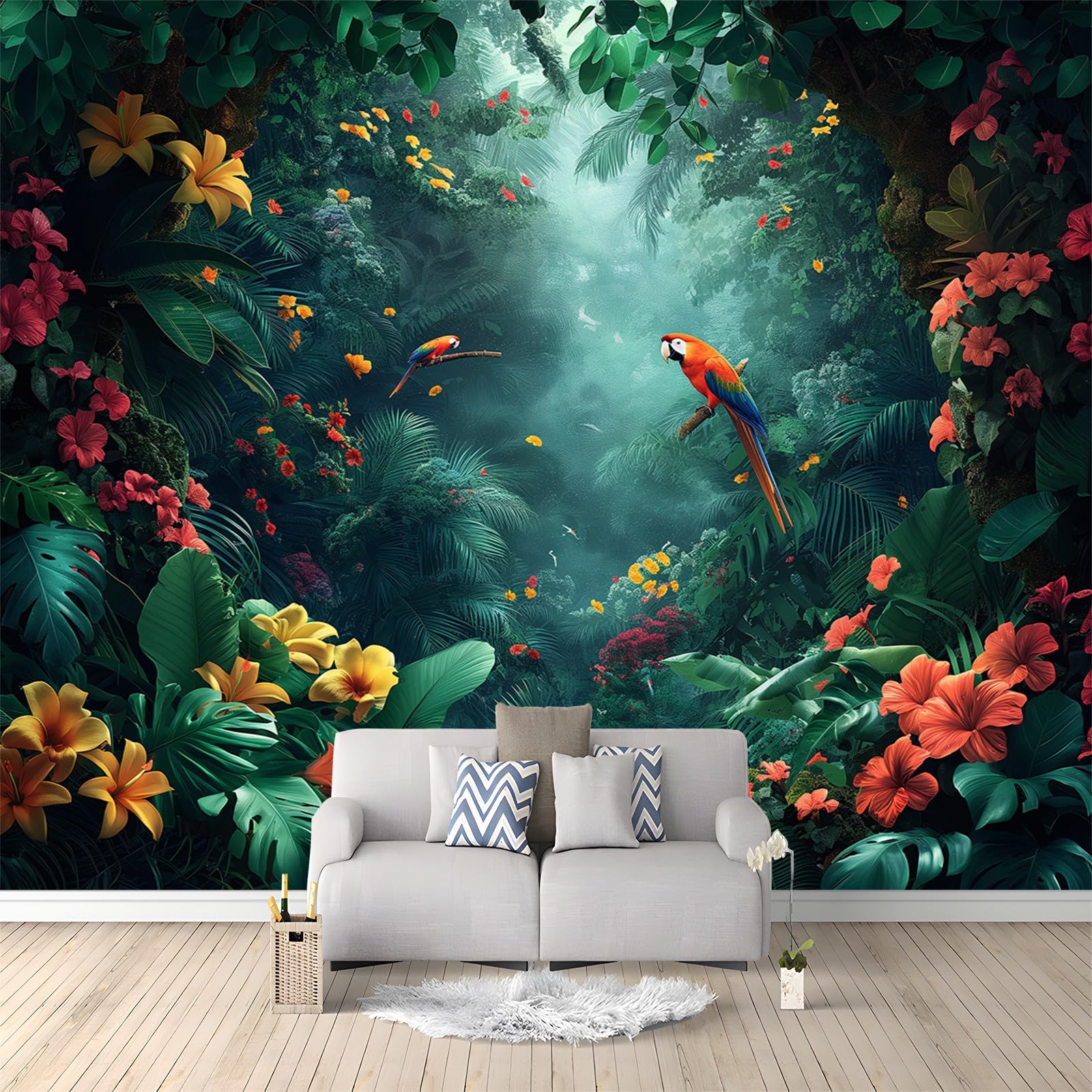 Fantasy Rainforest Forest Theme Photo Wallpaper - 300 x 210 cm Non-Woven Premium Fleece Wall Mural - Exotic Flowers and Parrots Art Print Bedroom Living Room Decoration Poster