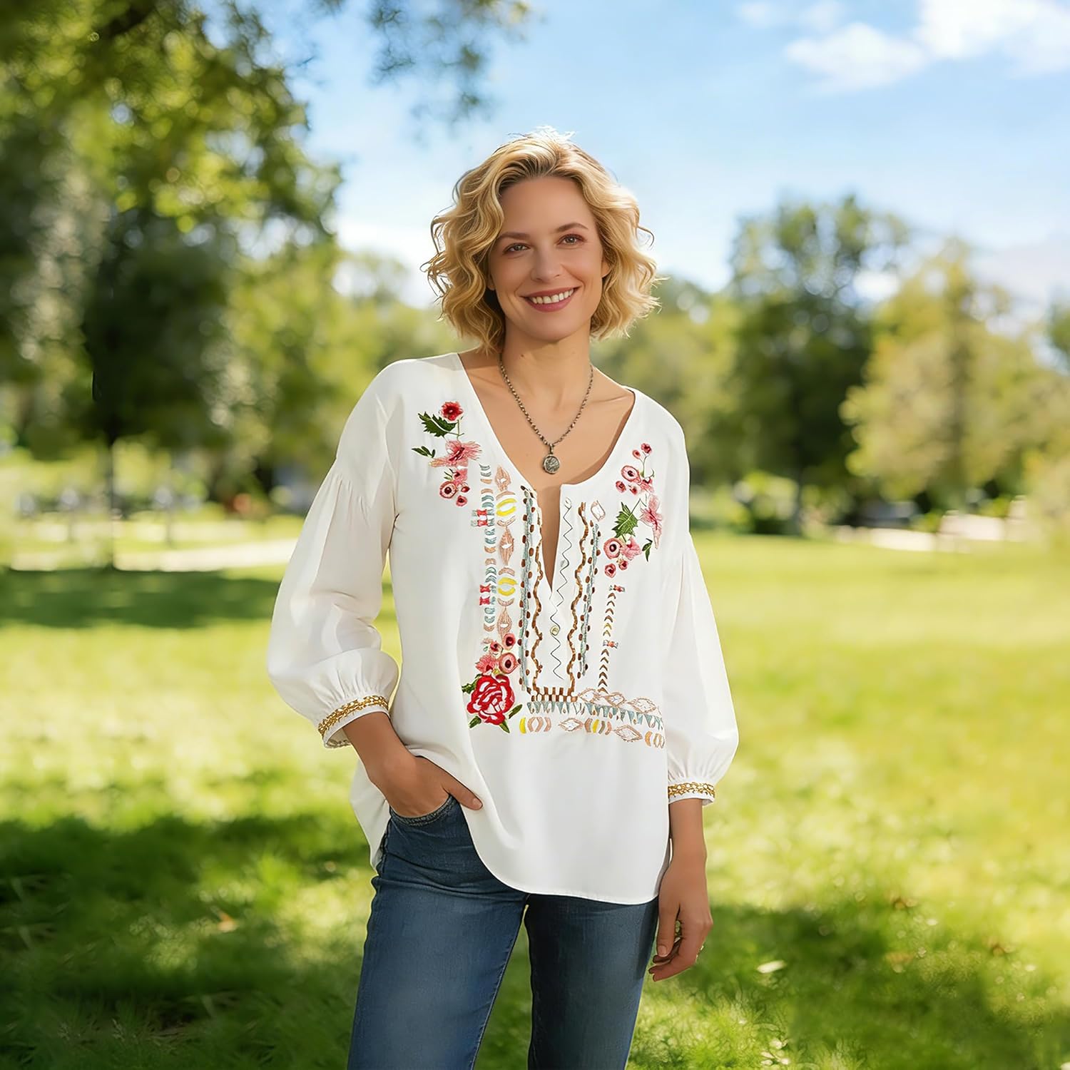 Higustar Mexican Tops for Women Embroidered Shirts Bohemian Hippie Clothes Tunic Fiesta Plus Size Boho Peasant Blouses - Image 3