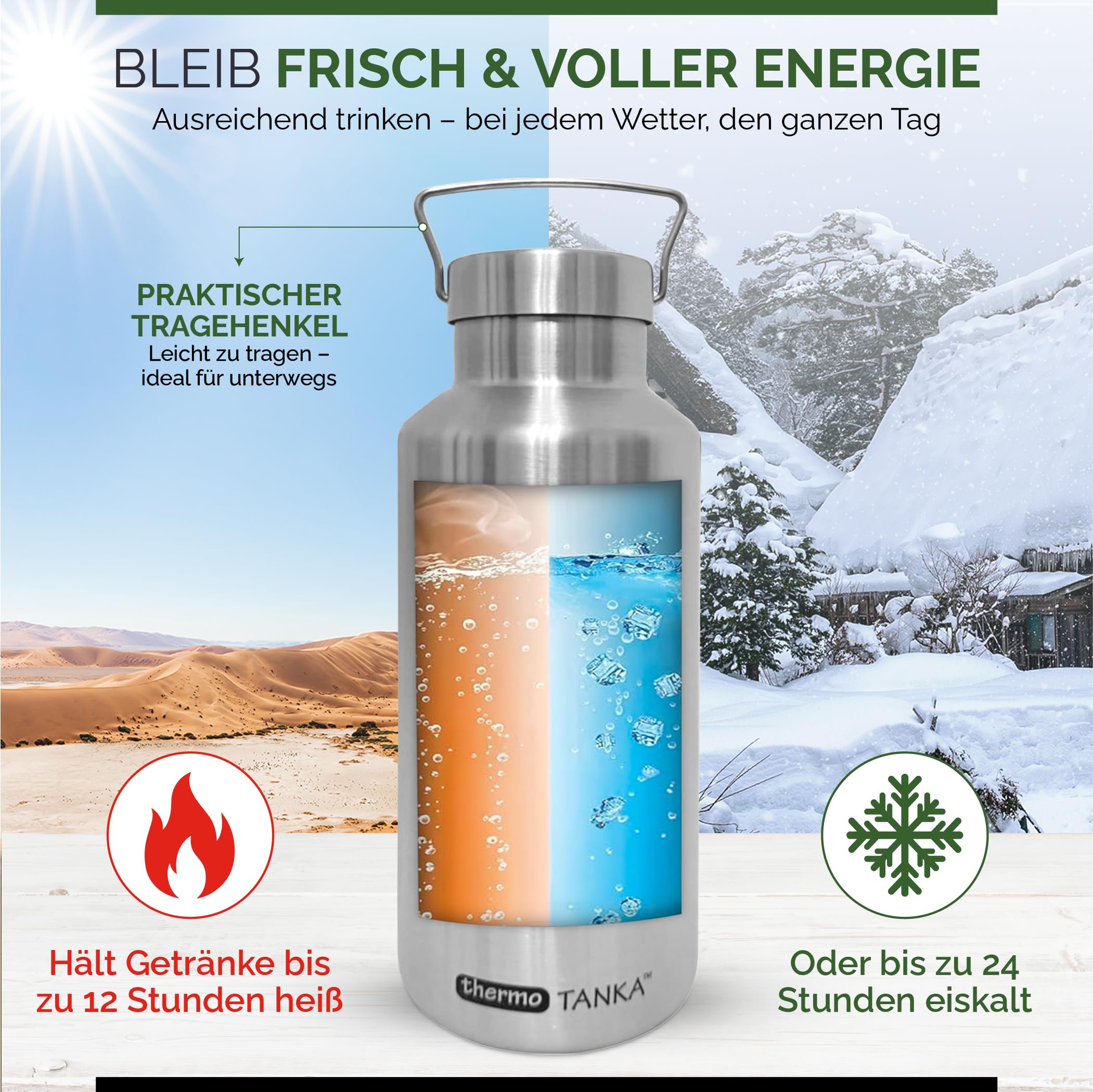 ECOtanka thermoTANKA™ 2L Trinkflasche Edelstahl – Doppelwandige 2L Thermo-Trinkflasche | Wasserflasche 2 Liter, vakuumisoliert, hält >8 Std. heiß/kalt | Thermo für Freizeit & Sport