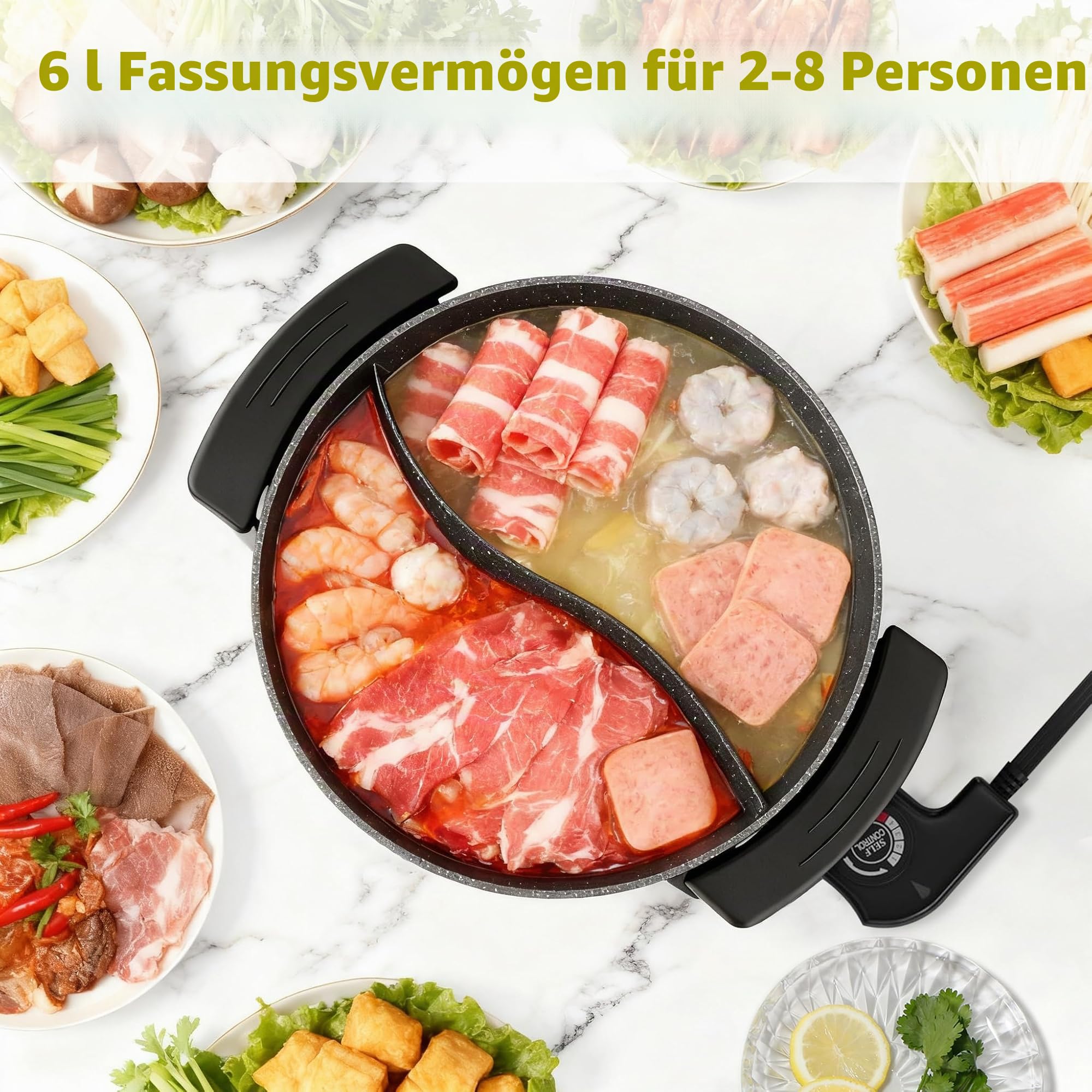 Food Party Hot Pot Elektrisch Hotpot Topf 6L Elektrischer Kochtopf 220V 1200W Doppelseitig Elektrische Wok mit Deckel Chinesischer Hot Pot Fondue
