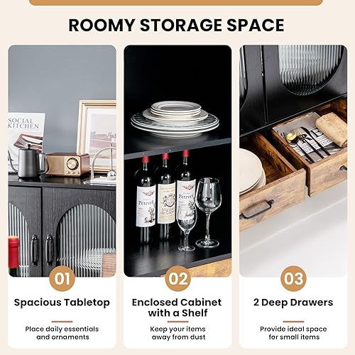 Miniatura 5 de Giantex Armario buffet con 2 cajones, aparador de madera, armario de pie de 2 niveles con puertas de vidrio templado, gabinete de almacenamiento