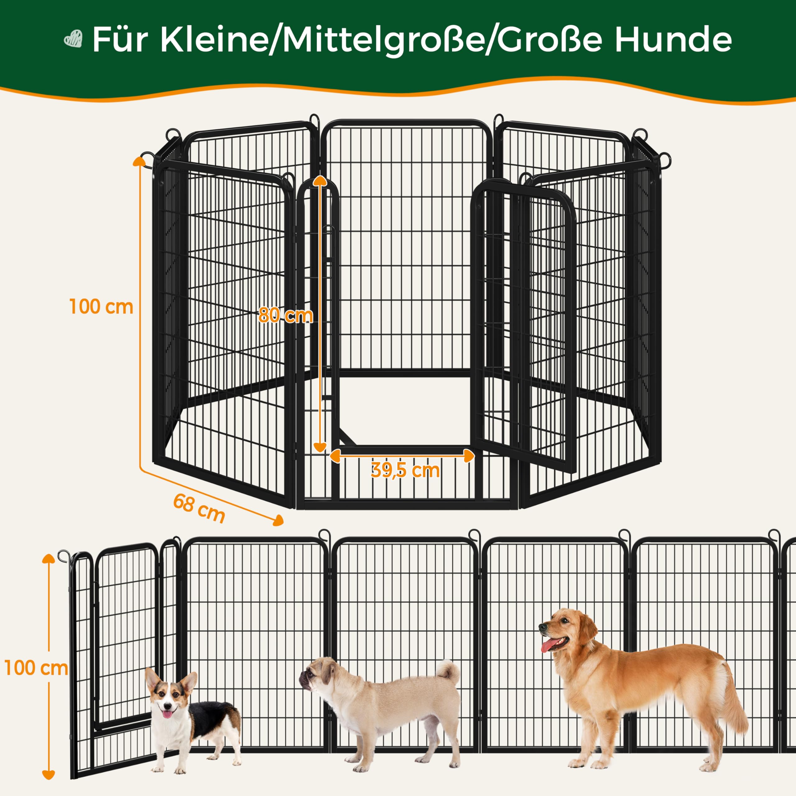 Yaheetech Welpenlaufstall 8-teilig 100cm hoch, Welpenauslauf mit Einteilige Verriegelung, Hundelaufstall mit Tragetasche & Befestigungsgurte, ideal für Hunde Wohnung & Garten, Einfache Montage