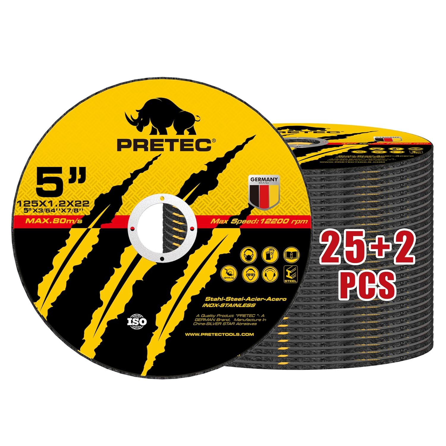 Cut Off Wheels 5", PRETEC 25+2 Pack Metal Cutting Wheel,Thin 5” Metal & Stainless Steel Fast Cutting Discs for Angle Grinder - 7/8" Arbor Hole, 5” x 1/24" x 7/8" 5” x 1/24" x 7/8" 27.0 3 packs each pack 10 count disc