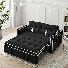 Sweetcrispy Sofa Bed Couch - Leather Loveseat Sleeper Futon for Living Room, Foldable Memory Foam Furniture, Convertible Full Size Sofa, Adjustable Backrest and Armrests, Black