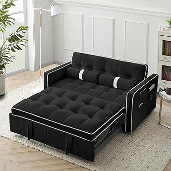 Sweetcrispy Sofa Bed Couch - Leather Loveseat Sleeper Futon for Living Room, Foldable Memory Foam Furniture, Convertible Full Size Sofa, Adjustable Backrest and Armrests, Black
