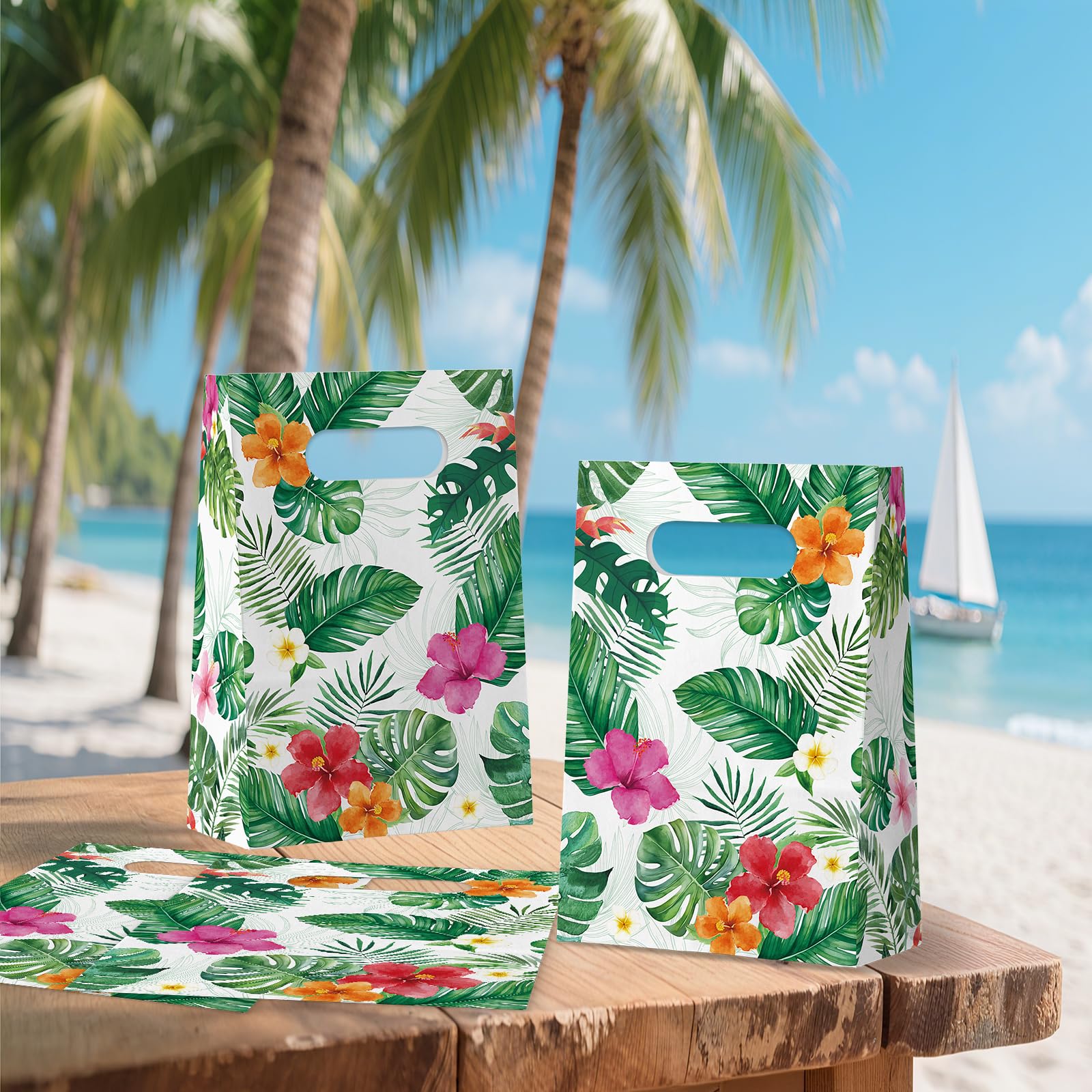 FRIDAY NIGHT 24 Pcs Luau Party Favor Bags Hawaiian Tropical Gift Bags with Handles White Paper Treat Bags Monstera Leaf Floral Design for Summer Birthday Decorations