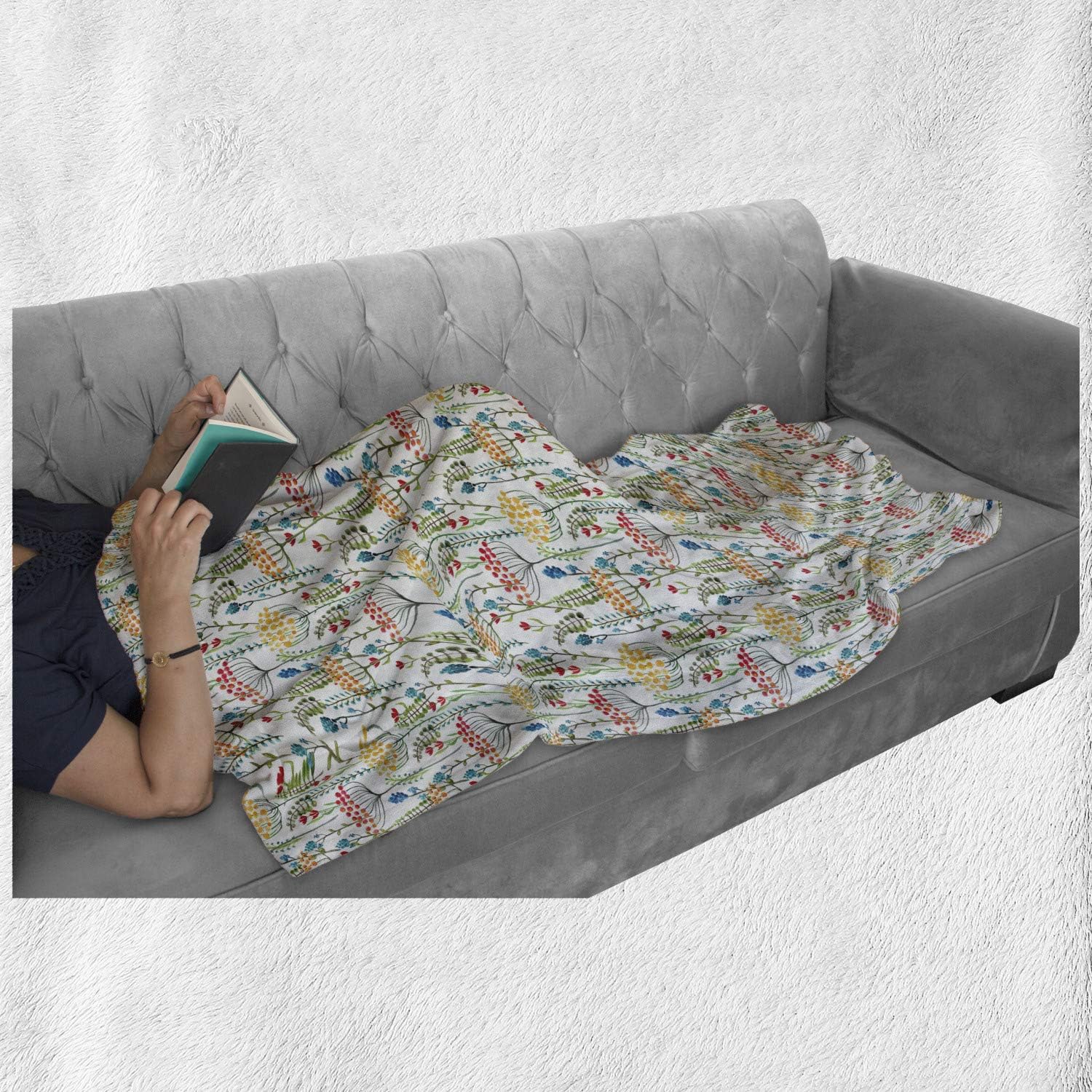 Lunarable Botanical Throw Blanket, Watercolor Flowers with Blueberries Lily Tulip Petals Gardening Yard Concept, Flannel Fleece Accent Piece Soft Couch Cover for Adults, 60" x 80", Multicolor