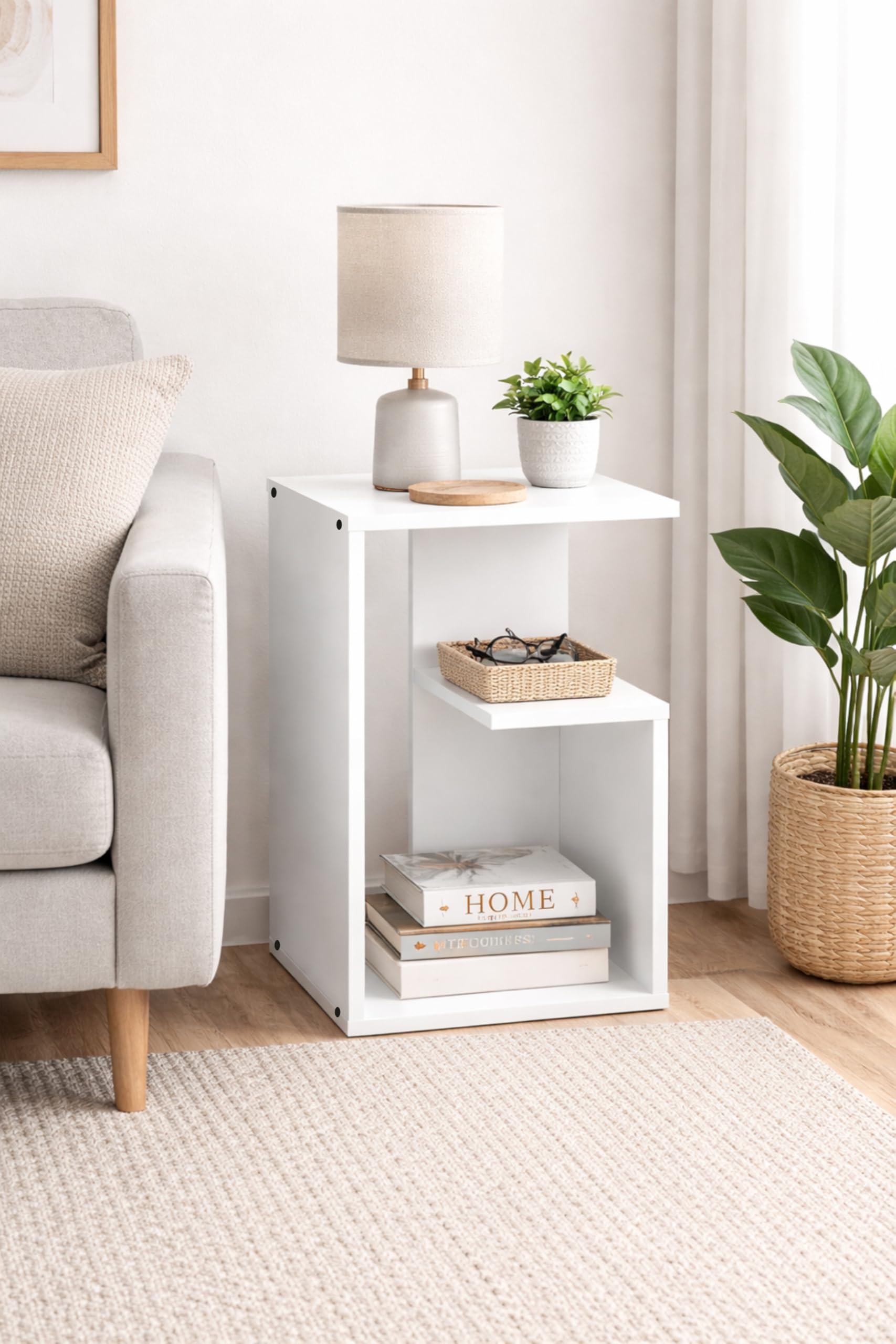 enigmatic woodworks wooden side table, end sofa table with multi-level racks, bedside stylish stand, bedroom, corner coffee table for living room, plant stand (g-shape end table)