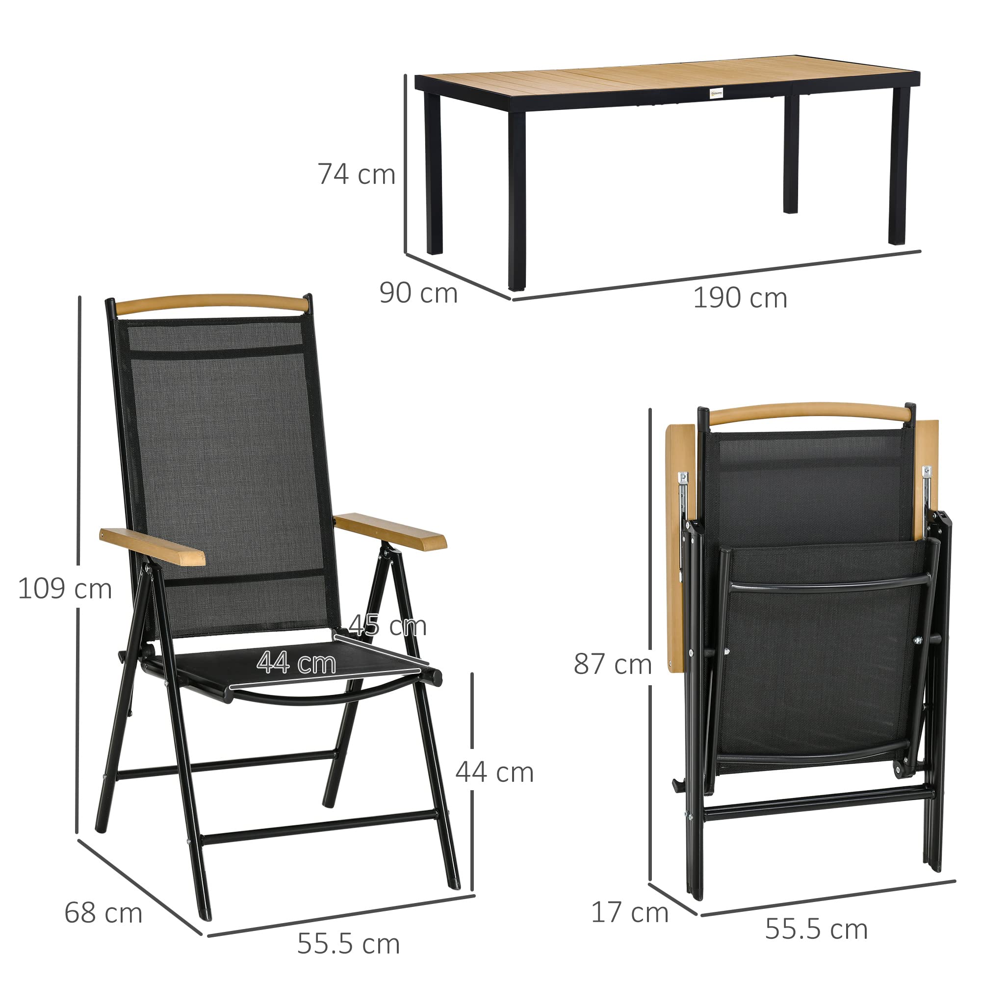 Outsunny Set Tavolo da Giardino 7 Pezzi, Sedie Pieghevoli Regolabili Alluminio Textilene Nero