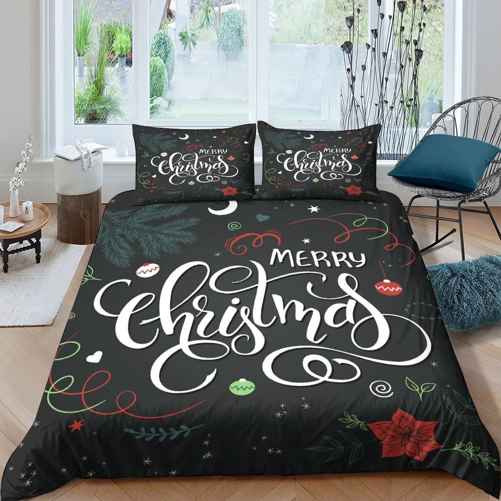 Ctjqhvkz Style-7 3D Printed Christmas Black Fitted Sheet Microfiber Soft Festive Lettering Bed Cover For Bedroom Guest Room Decor Single（135X200cm）