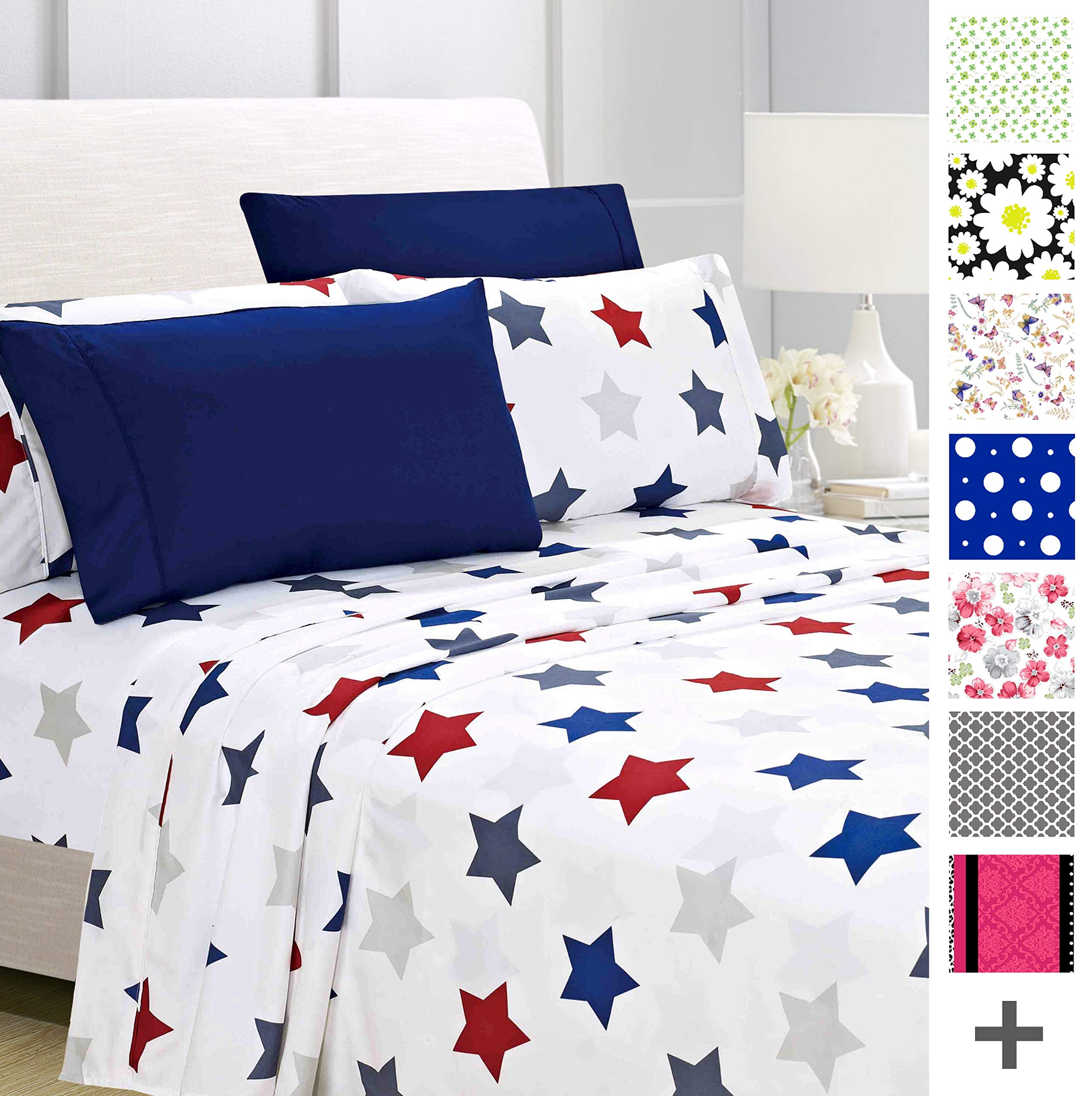 American Home Collection Deluxe 6 Piece Printed Sheet Set of Brushed Fabric, Deep Pocket Wrinkle Resistant - Hypoallergenic (Full, Union Stars)