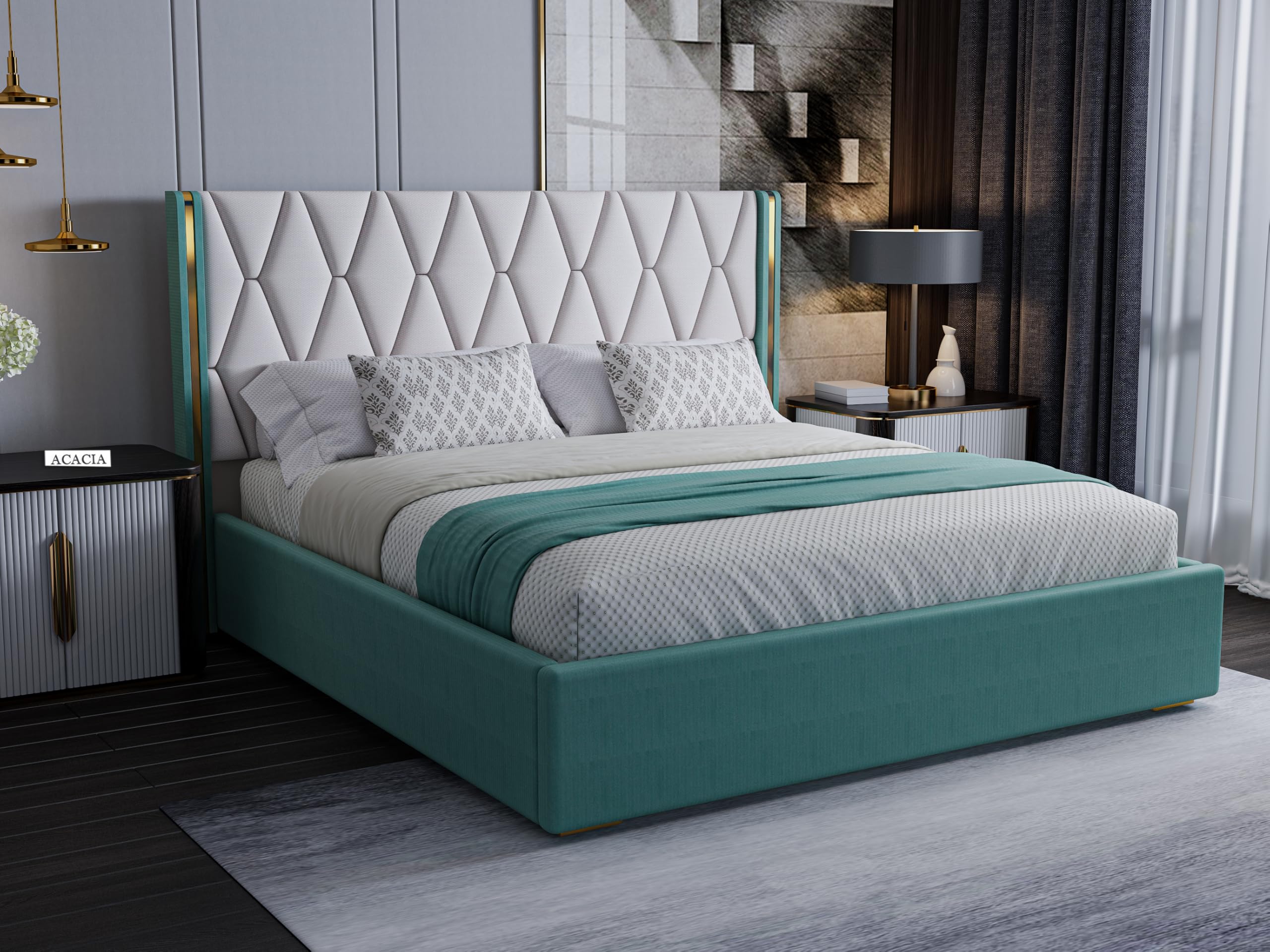 Acacia Modern Upholstered Queen Size Bed with Box Storage for Bedroom | Wooden Double Bed with Storage | Platform Cot Bed with Upholstery Premium Fabric | 6.5 x 5 Ft, Sheesham Wood (Greendust & White)
